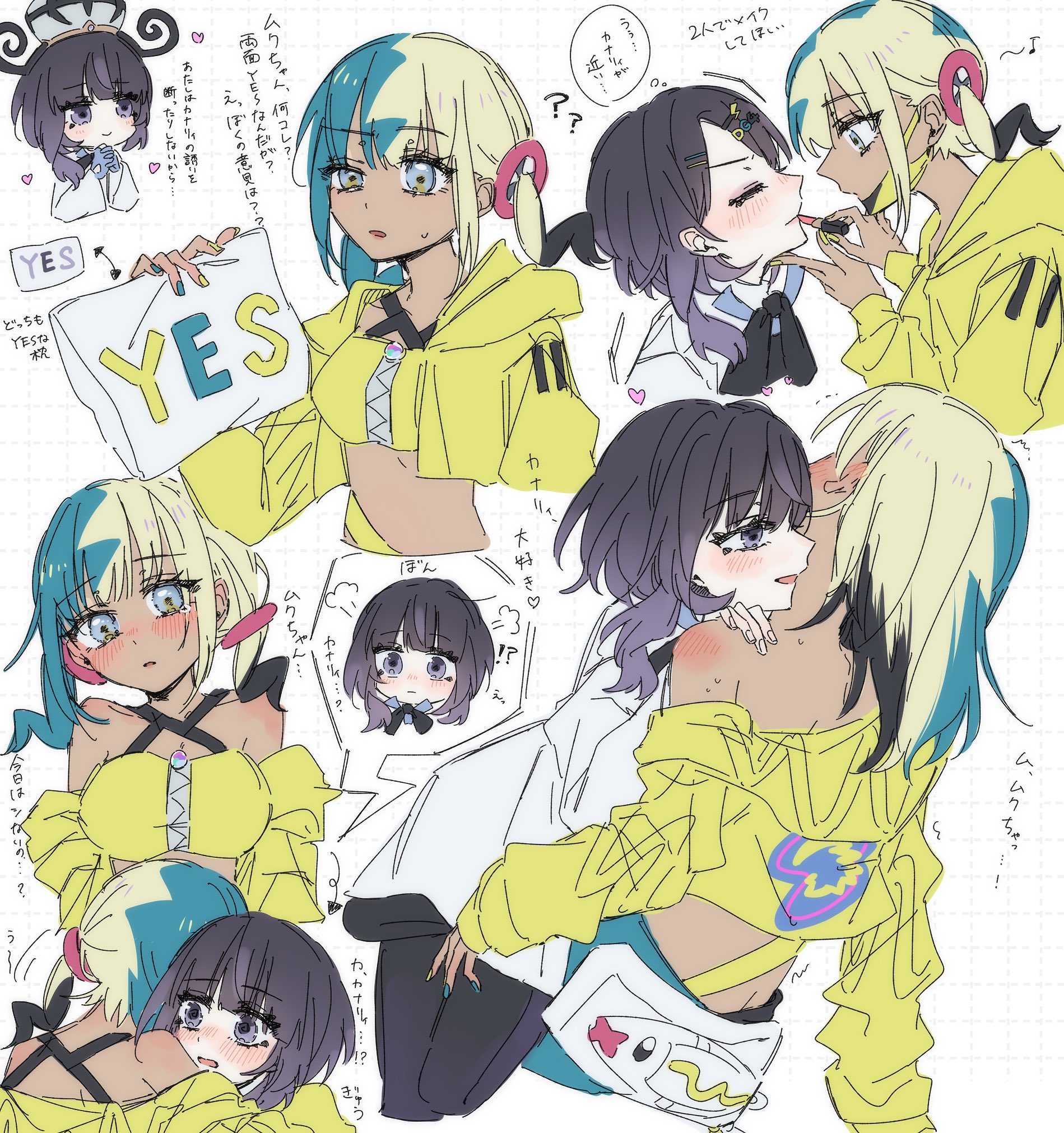 sakizome, canari (pokemon), gwynn (pokemon), nintendo, pokemon, pokemon legends: z-a, commentary request, highres, translation request, 2girls, applying another's makeup, applying lipstick, applying makeup, bandeau, black dress, black hair, blonde hair, blue gloves, blue hair, blue nails, blush, bob cut, closed mouth, coat, dark-skinned female, dark skin, dress, eyelashes, gloves, grid background, hair down, hair ornament, hairclip, hat, heart, holding, holding pillow, interlocked fingers, jacket, lipstick, looking at another, makeup, multicolored hair, multicolored nails, multiple girls, multiple views, off shoulder, open clothes, open jacket, open mouth, own hands clasped, own hands together, partially fingerless gloves, pillow, purple eyes, purple hair, short hair, smile, speech bubble, twintails, two-tone nails, white coat, yellow bandeau, yellow jacket, yellow nails, yes-no pillow, yuri
