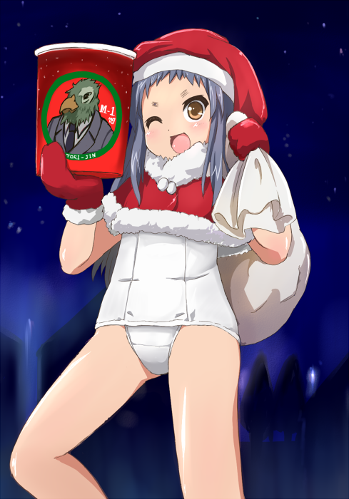 yunoyama yukata, original, 1girl, brown eyes, bucket, capelet, female focus, grey hair, hat, japanese clothes, kimono, long hair, mittens, night, one-piece swimsuit, one eye closed, sack, santa hat, school swimsuit, solo, swimsuit, white one-piece swimsuit, white school swimsuit, wink, yukata
