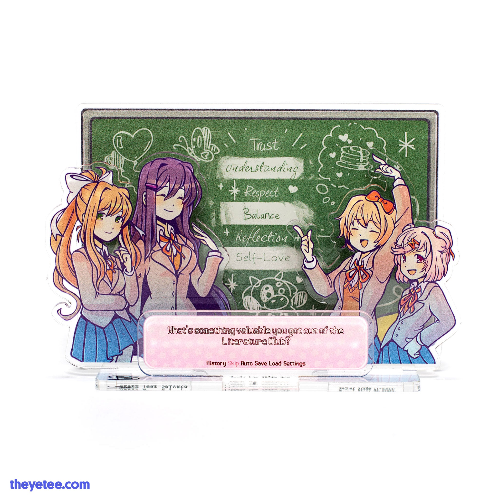 monika (doki doki literature club), natsuki (doki doki literature club), sayori (doki doki literature club), yuri (doki doki literature club), doki doki literature club, artist request, commentary, english commentary, highres, merchandise available, official art, photo (medium), second-party source, 4girls, acrylic stand (medium), arm up, blazer, blue skirt, blush, bow, breasts, brown hair, chalk drawing, chalkboard, closed eyes, closed mouth, collared shirt, dialogue box, doki doki literature club school uniform, english text, green eyes, grey jacket, hair bow, hair intakes, hair ornament, hair ribbon, hairclip, heart, index finger raised, jacket, long hair, long sleeves, multiple girls, neck ribbon, open clothes, open jacket, open mouth, orange sweater vest, pink eyes, pink hair, ponytail, purple hair, red bow, red ribbon, ribbon, school uniform, shirt, short hair, sidelocks, simple background, skirt, smile, sweater vest, two side up, watermark, web address, white background, white ribbon, white shirt