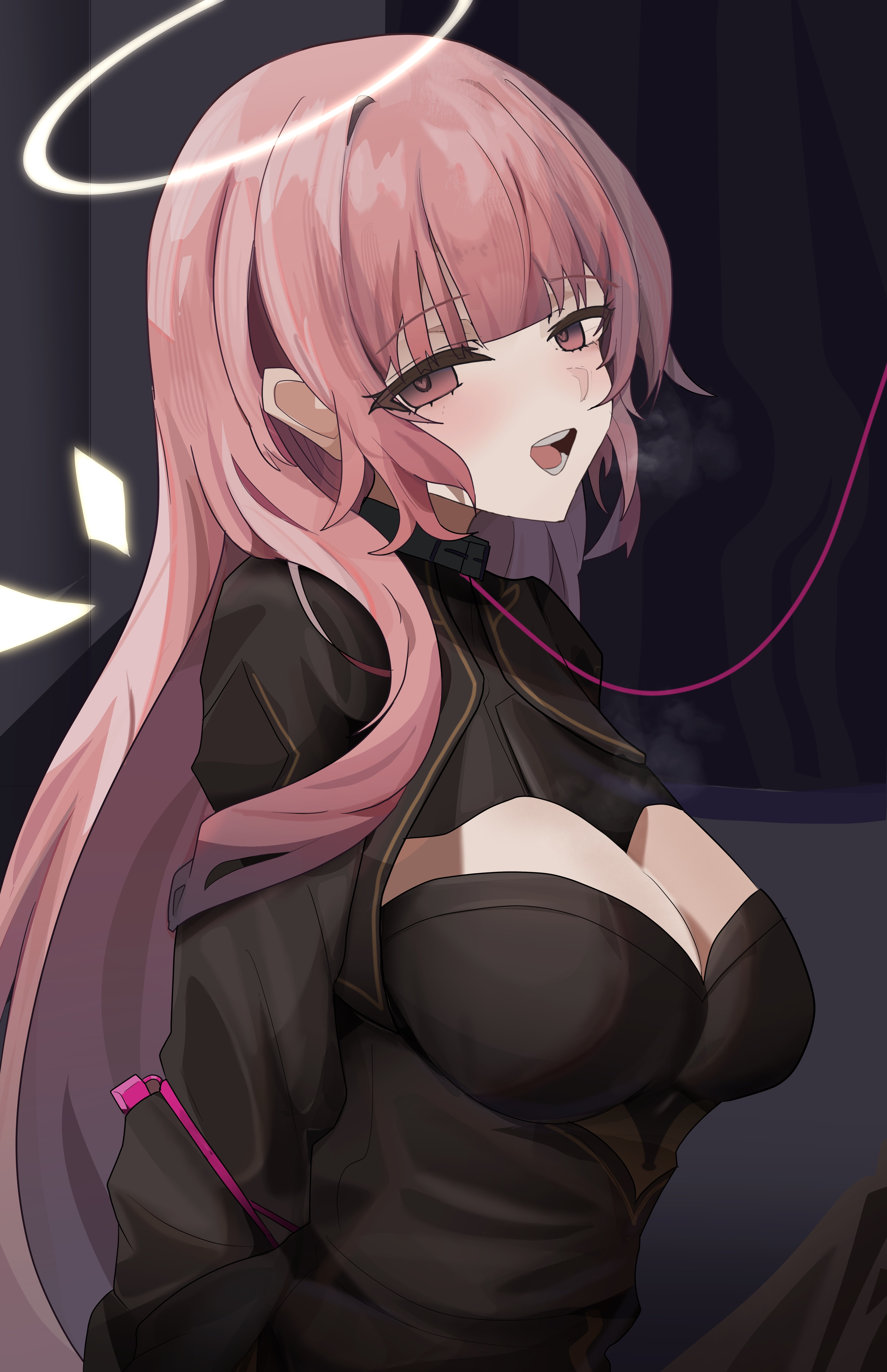 lastmatch500, lemuen (arknights), arknights, absurdres, commentary request, highres, paid reward available, 1girl, arms behind back, black dress, breasts, cleavage, detached wings, dress, from side, halo, heart, heart-shaped pupils, light blush, long hair, long sleeves, looking at viewer, looking to the side, medium breasts, open mouth, pink eyes, pink hair, restrained, solo, symbol-shaped pupils, traditional halo, white halo, white wings, wings
