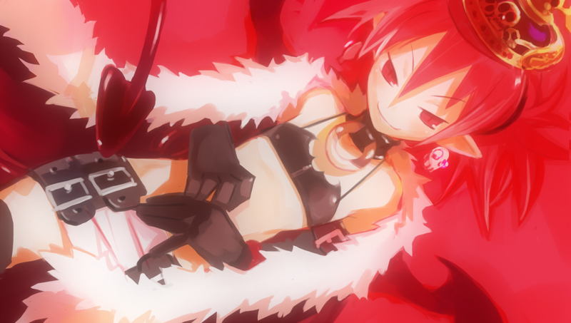 harada takehito, etna (disgaea), etna (supreme) (disgaea), disgaea, 1girl, cape, crown, demon girl, elbow gloves, female focus, flat chest, gloves, miniskirt, pointy ears, red eyes, red hair, red theme, skirt, solo, tail, thighhighs