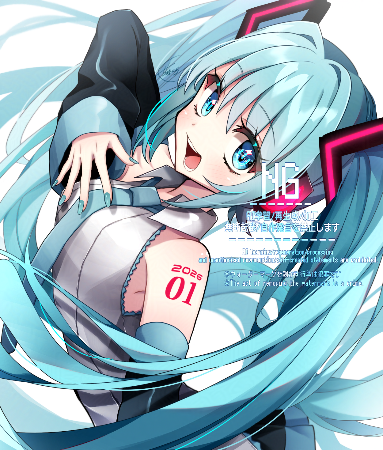 koyubisennti, hatsune miku, vocaloid, commentary request, highres, 1girl, 2026, aqua eyes, aqua hair, aqua nails, aqua necktie, aqua trim, bare shoulders, black sleeves, blush, breasts, collarbone, collared shirt, detached sleeves, fingernails, hair between eyes, hair ornament, long hair, long sleeves, looking at viewer, medium breasts, miniskirt, nail polish, necktie, open mouth, pleated skirt, power symbol, power symbol-shaped pupils, shirt, skirt, sleeveless, sleeveless shirt, smile, symbol-shaped pupils, twintails, watermark, white background, white shirt, wide sleeves