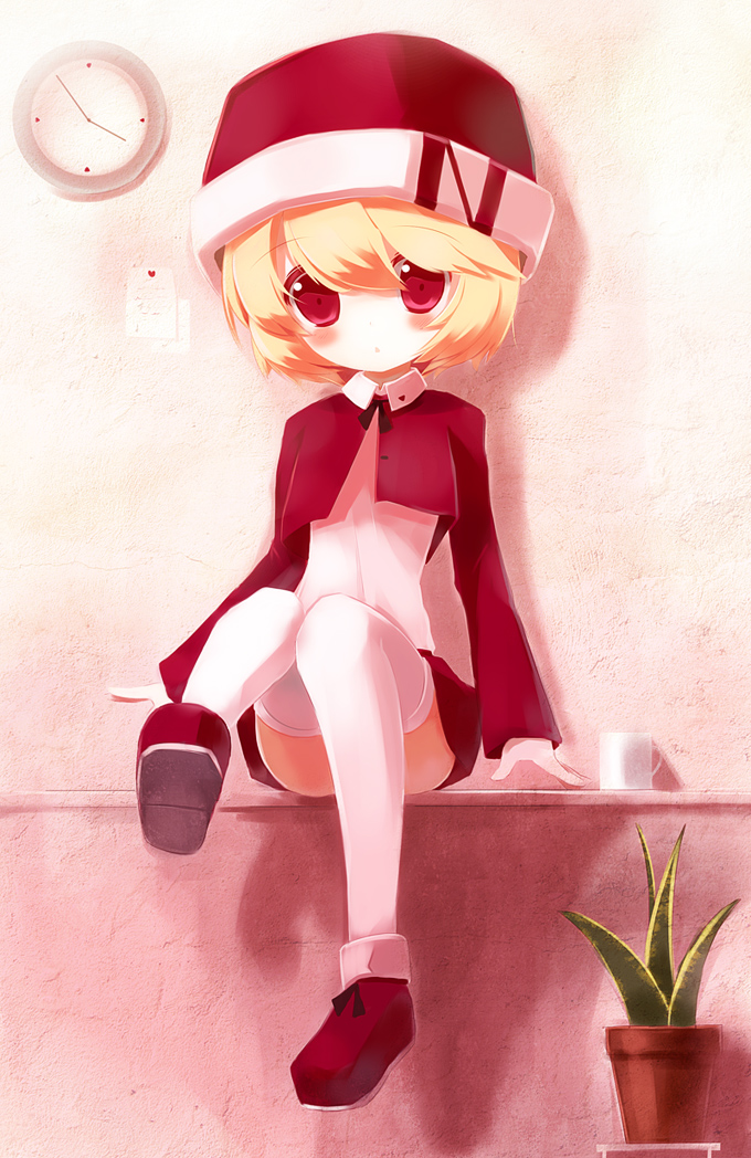 taharu kousuke, original, 1girl, blonde hair, clock, female focus, full body, hat, plant, red eyes, sitting, solo, thighhighs