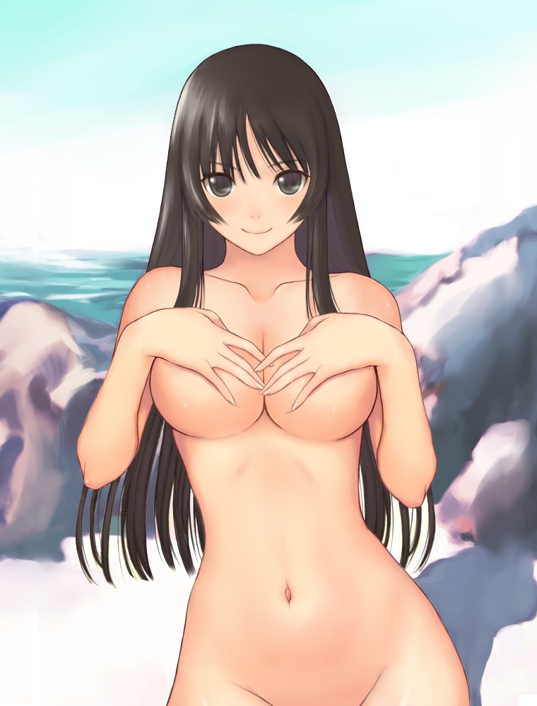 kamimiya, tony taka, akiyama mio, k-on!, bad id, bad pixiv id, 00s, 1girl, black eyes, black hair, breasts, completely nude, covering breasts, covering privates, female focus, long hair, navel, nude, nude cover, smile, solo