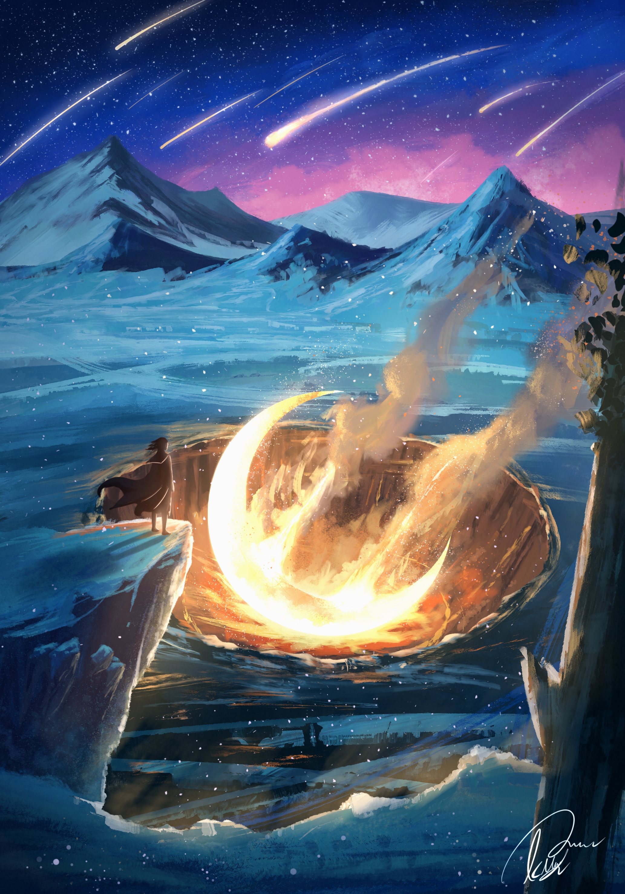 kimigalunar, original, absurdres, commentary, english commentary, highres, 1other, ambiguous gender, black hair, black robe, blue sky, crater, crescent, destruction, fire, from behind, landscape, meteor, meteor shower, mountain, night, open mouth, robe, scenery, signature, sky, smoke, standing, star (sky), starry sky, wide shot