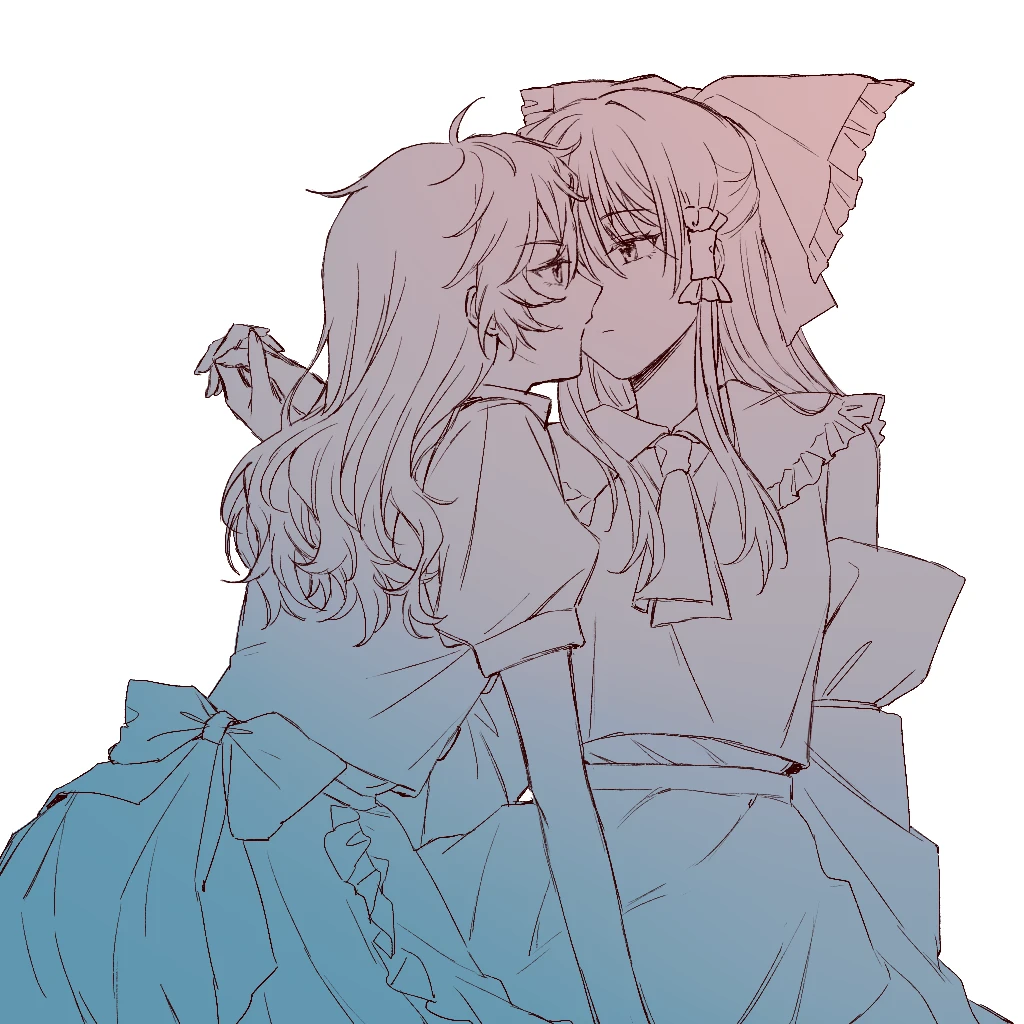 hitte5416, hakurei reimu, kirisame marisa, touhou, chinese commentary, commentary request, 2girls, apron, ascot, back bow, bow, detached sleeves, eye contact, frilled bow, frilled hair tubes, frills, hair bow, hair tubes, holding hands, imminent kiss, interlocked fingers, long hair, looking at another, monochrome, multiple girls, puffy short sleeves, puffy sleeves, short sleeves, simple background, skirt, waist apron, white background