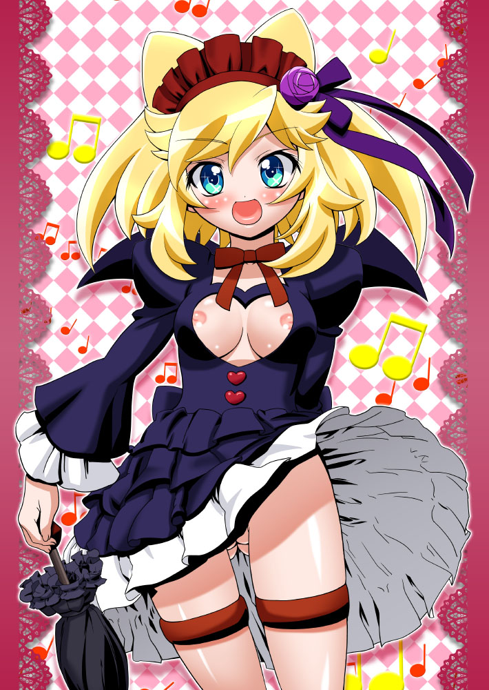 gambler club, kohsaka jun, hatori kanon, anyamal tantei kirumin zoo, 1girl, blonde hair, blue eyes, blush, breasts, bursting breasts, cleavage cutout, cleft of venus, clothes lift, clothing cutout, female focus, flower, hair flower, hair ornament, headband, medium breasts, nipple slip, nipples, no panties, open mouth, pussy, ribbon, short hair, skirt, skirt lift, solo, umbrella, upskirt, wind, wind lift