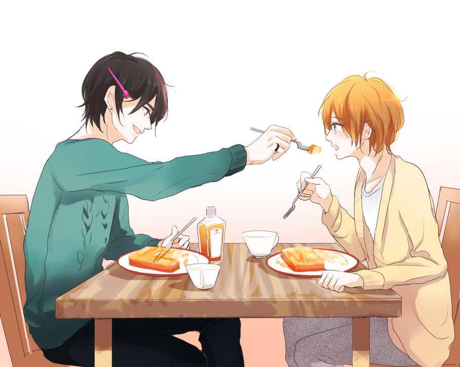 meri ritari, remus lupin, sirius black, harry potter (series), wizarding world, 2boys, black hair, cardigan, chair, cup, feeding, food, fork, holding, holding fork, holding knife, knife, looking at another, male focus, multiple boys, open mouth, profile, short hair, simple background, sitting, table, teacup, white background