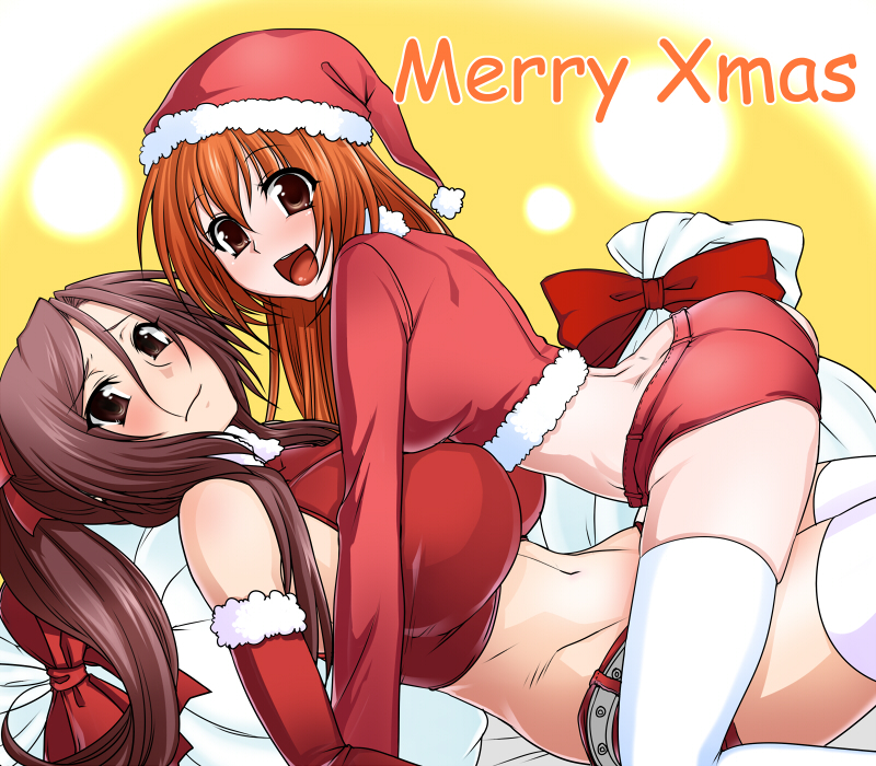 695 (mukuko), original, bad id, bad pixiv id, 2girls, ass, blush, breast envy, breasts, brown eyes, brown hair, christmas, huge breasts, long hair, medium breasts, midriff, multiple girls, navel, ponytail, santa costume, shorts, smile, thighhighs, yuri