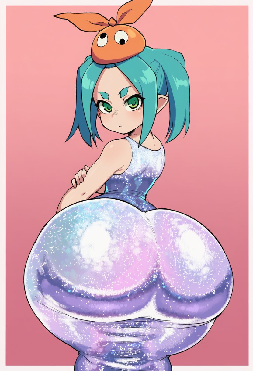 amiamia, ononoki yotsugi, monogatari (series), ai-generated, ass, blue hair, dress, huge ass, shortstack, thick thighs, thighs, wide hips