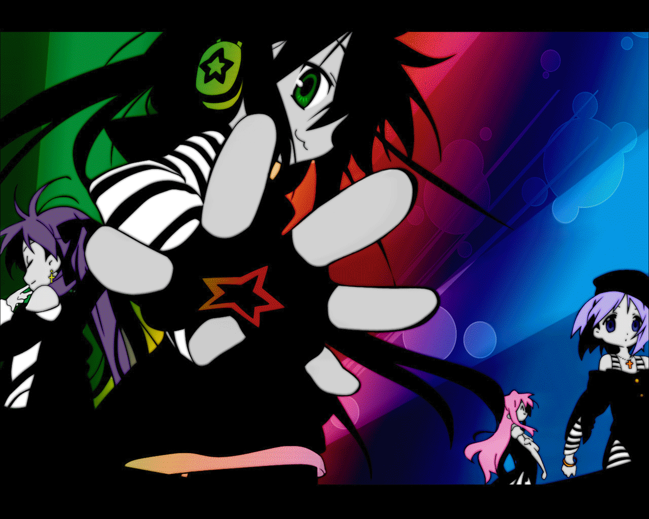 hiiragi kagami, hiiragi tsukasa, izumi konata, takara miyuki, lucky star, animated, animated gif, 00s, 4girls, :3, bare shoulders, bracelet, changing colors, cross, earrings, fingerless gloves, gloves, hair ribbon, hat, headphones, jewelry, long hair, multiple girls, necklace, rainbow, ribbon, short hair, siblings, sisters, star (symbol), twins