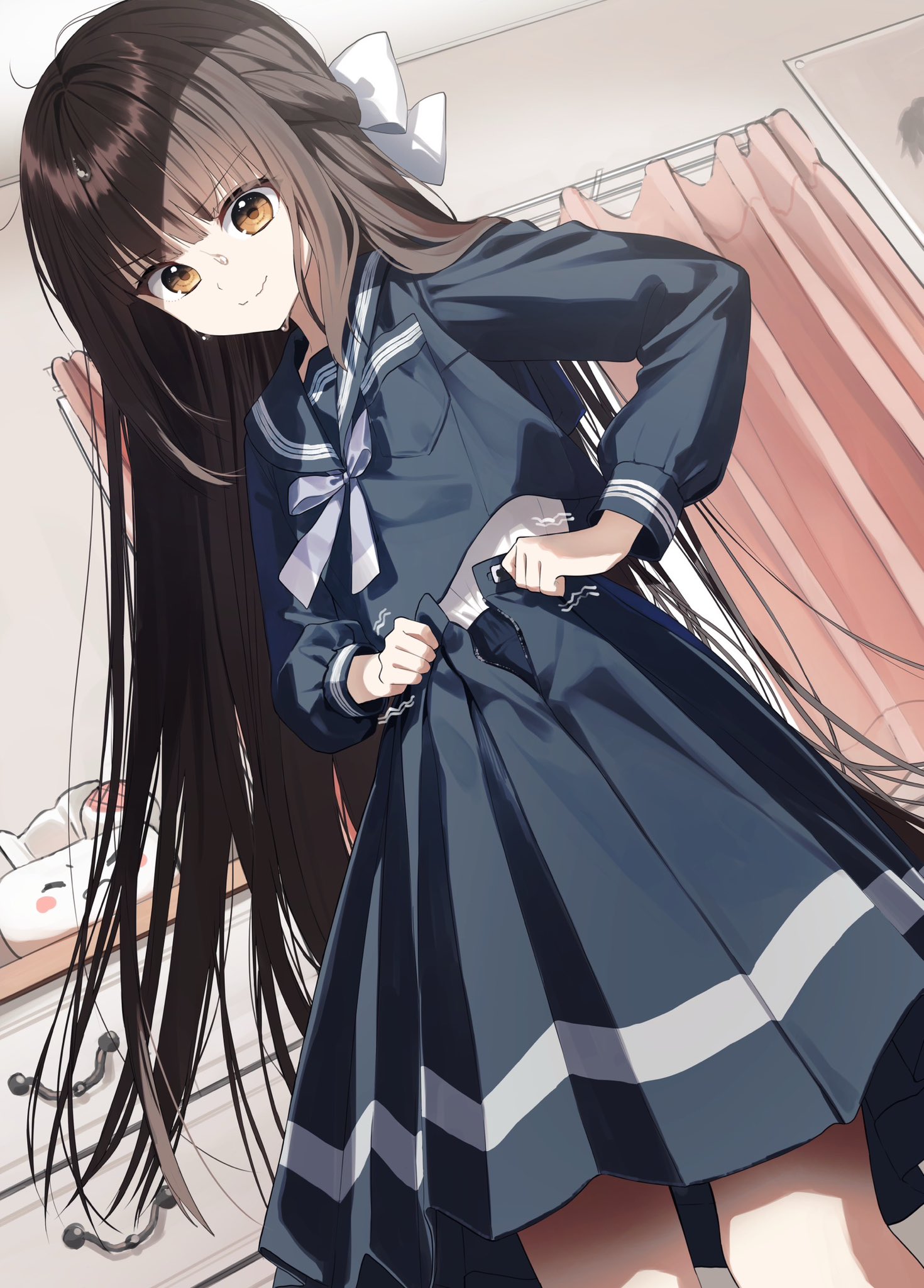 pentagon (railgun ky1206), original, commentary request, highres, 1girl, black shirt, bow, brown eyes, closed mouth, hair bow, indoors, long hair, long sleeves, pleated skirt, sailor collar, school uniform, serafuku, shirt, skirt, smile, solo, very long hair, white bow