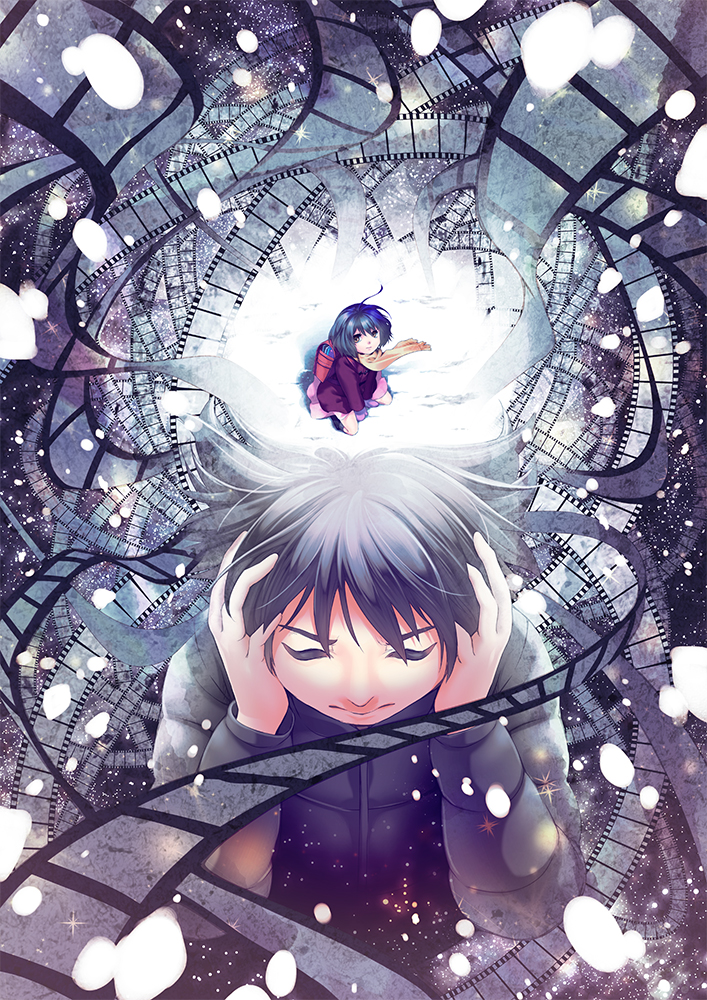 misa kobayashi, fujinuma satoru, hinazuki kayo, boku dake ga inai machi, commentary request, 1boy, 1girl, backpack, bag, black hair, black jacket, closed mouth, coat, covering own ears, film strip, jacket, kneeling, long sleeves, randoseru, red coat, scarf, short hair, snow, yellow scarf