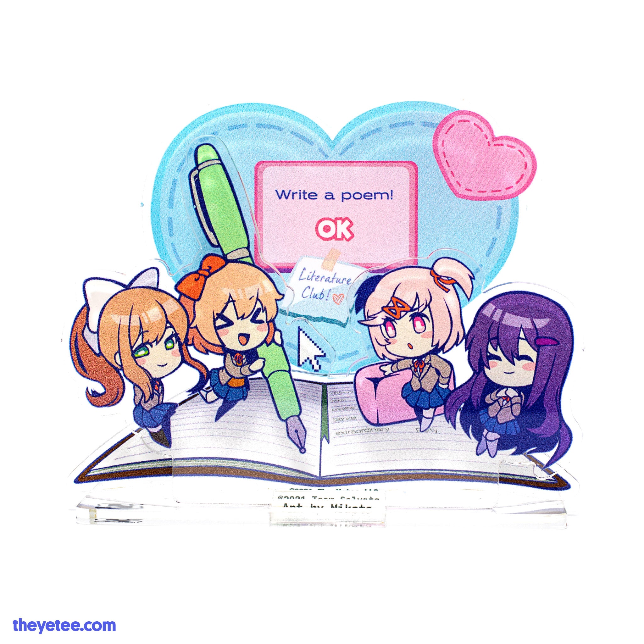 monika (doki doki literature club), natsuki (doki doki literature club), sayori (doki doki literature club), yuri (doki doki literature club), doki doki literature club, artist request, commentary, english commentary, highres, official art, photo (medium), second-party source, > <, 4girls, :o, acrylic stand (medium), blue skirt, blush, blush stickers, book, brown hair, chibi, chibi only, closed eyes, closed mouth, doki doki literature club school uniform, english text, eraser, full body, green eyes, grey jacket, hair ornament, hair ribbon, hairclip, heart, holding, holding pen, jacket, long hair, long sleeves, multiple girls, neck ribbon, nib pen (object), open book, open mouth, oversized object, own hands together, pen, pink hair, ponytail, purple hair, red ribbon, ribbon, school uniform, short hair, sidelocks, simple background, skirt, smile, standing, standing on one leg, two side up, very long hair, watermark, web address, white background, white ribbon