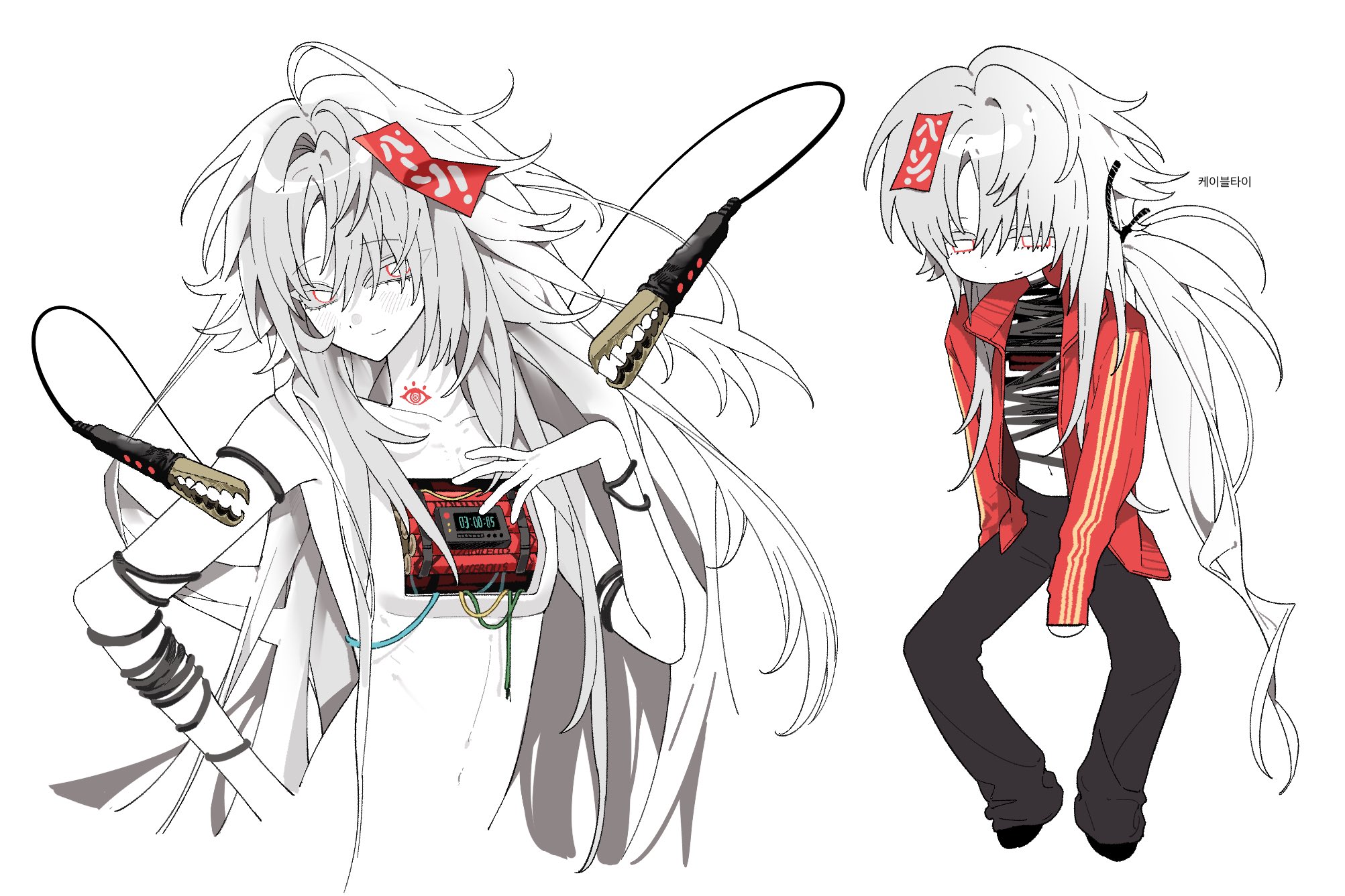 dmdrk (ha ha), original, highres, 1girl, android, bomb, cable, colored eyelashes, colored sclera, dynamite, explosive, grey hair, grey sclera, hand on own chest, jacket, long hair, looking at viewer, multiple views, red jacket, simple background, time bomb, very long hair, white background, white eyes