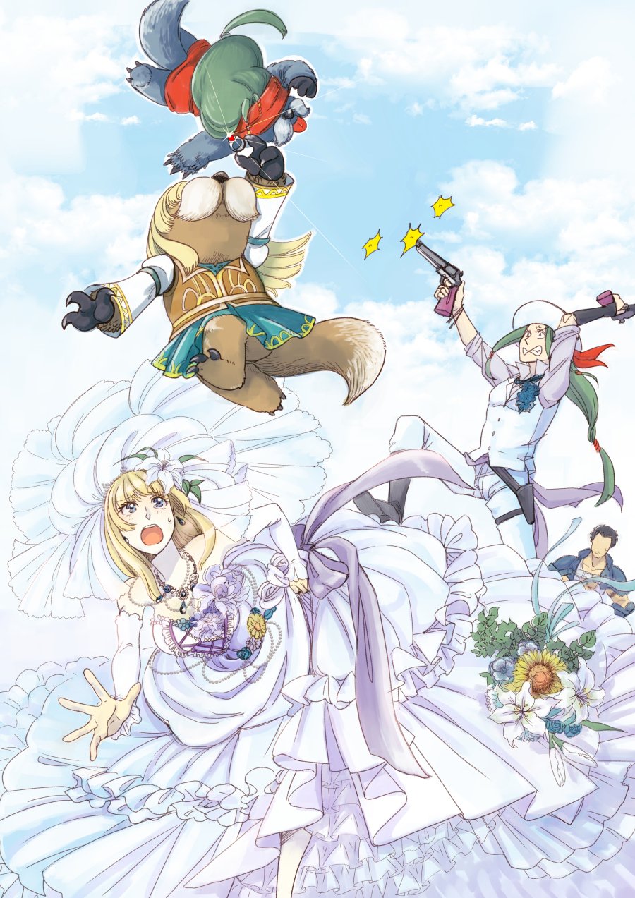 meng weyong, alicia (valkyrie profile 2), arngrim, rufus (valkyrie profile), valkyrie profile, valkyrie profile (series), valkyrie profile 2: silmeria, commentary request, highres, 1girl, blonde hair, bouquet, bride, cloud, dress, flower, gun, hair flower, hair ornament, holding, holding gun, holding weapon, jewelry, long hair, multiple boys, necklace, open mouth, ring, weapon, wedding, wedding dress, wedding ring, white dress, white flower