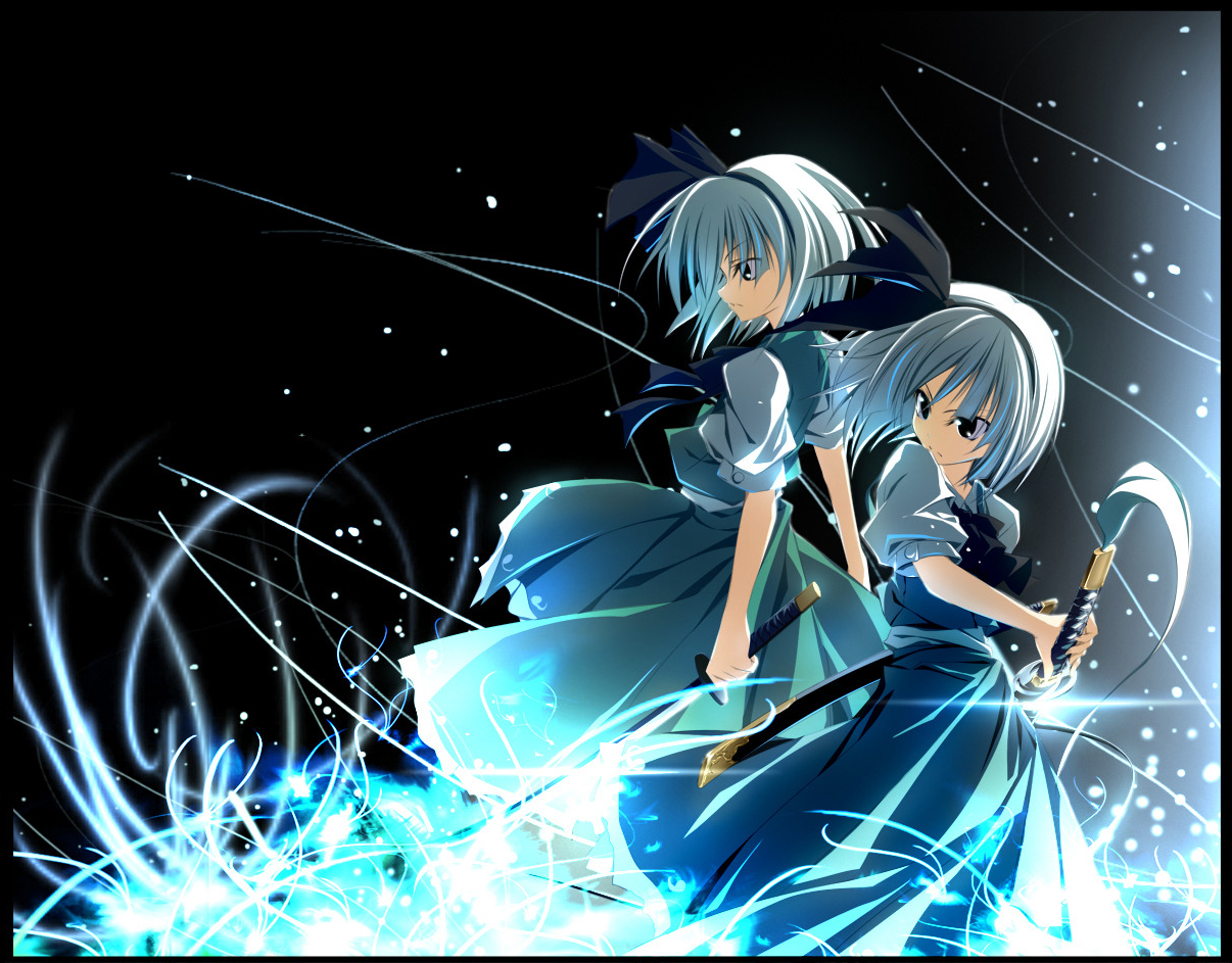 konpaku youmu, touhou, silver hair, 2girls, black background, black eyes, black hairband, black ribbon, dual persona, female focus, glowing, green shirt, green skirt, green vest, hairband, long skirt, multiple girls, multiple views, puffy short sleeves, puffy sleeves, ribbon, shirt, short hair, short sleeves, skirt, sword, vest, weapon, white shirt