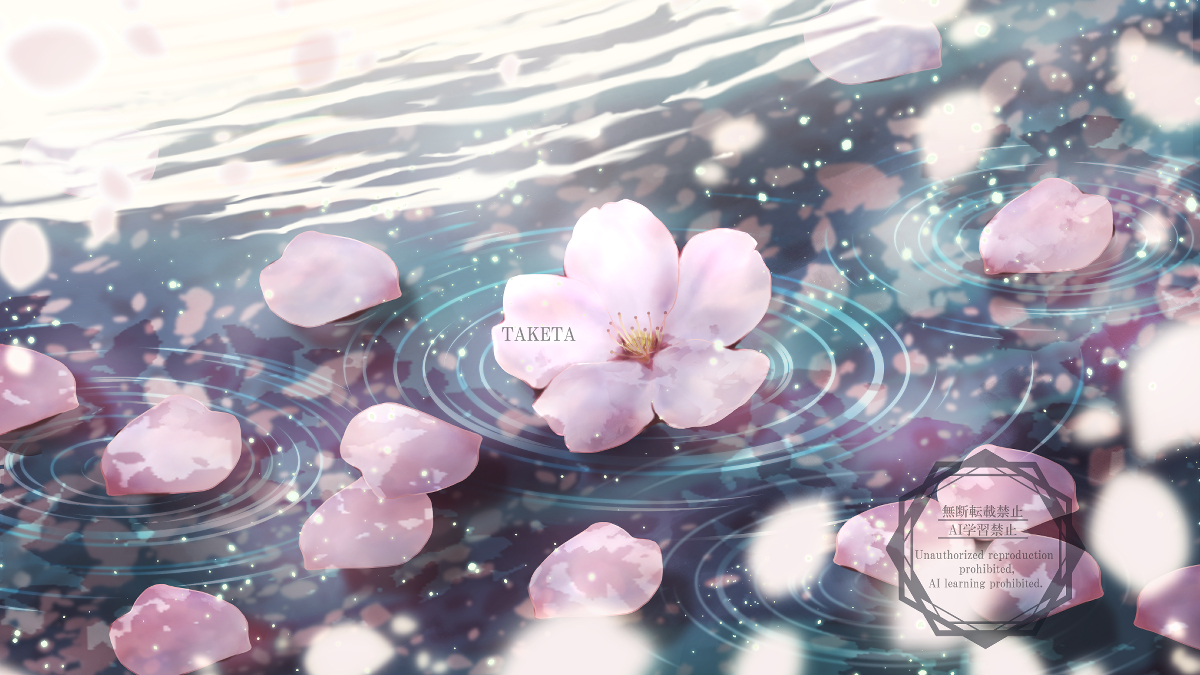 taketa, original, commentary, commentary request, english commentary, mixed-language commentary, artist name, cherry blossoms, flower, flower focus, no humans, petals, pink petals, ripples, scenery, water, watermark