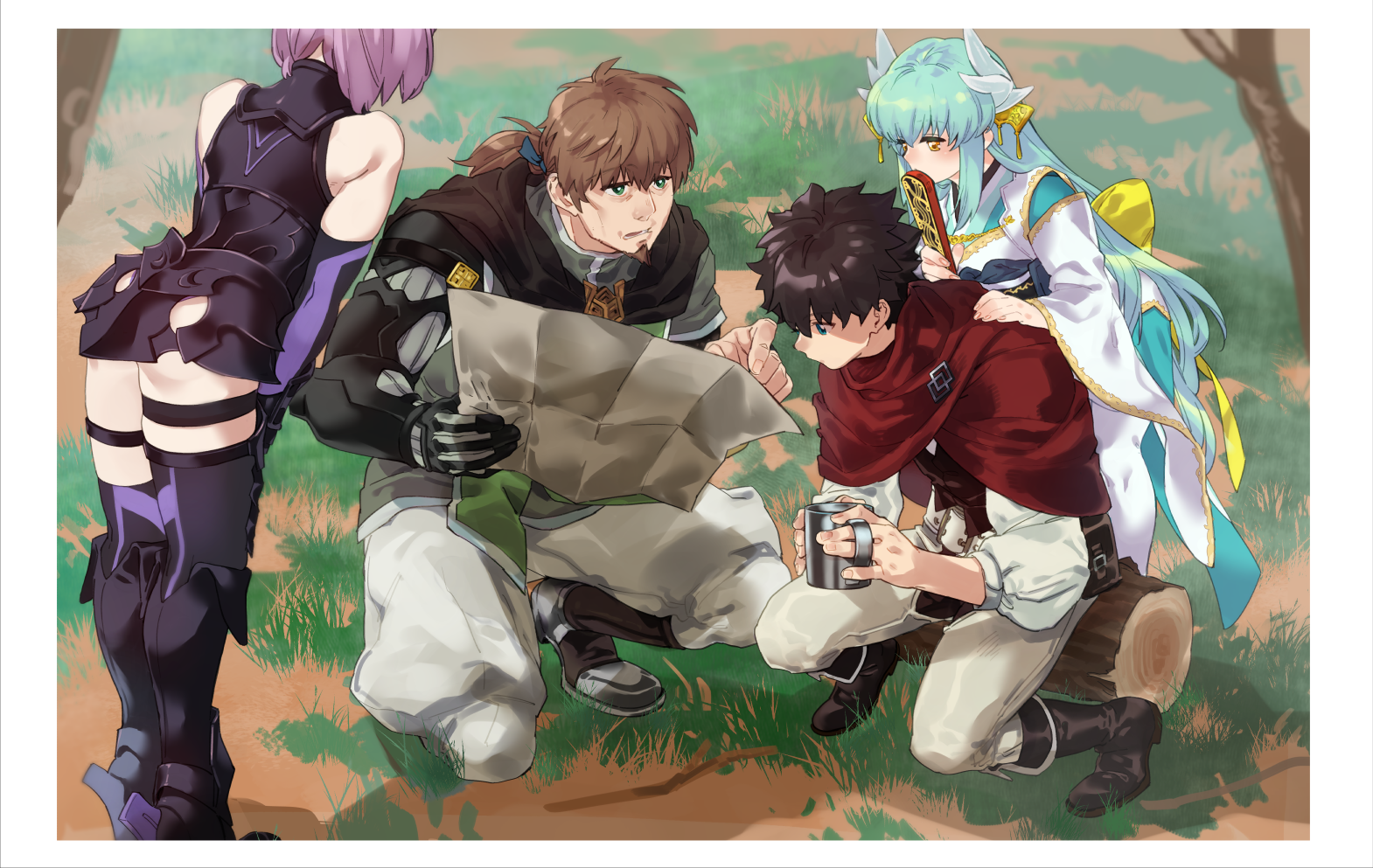 imoda, fujimaru ritsuka (male), hector (fate), kiyohime (fate), mash kyrielight, fate/grand order, fate (series), commentary request, 2boys, 2girls, ass, black boots, black thighhighs, boots, cape, cup, facial hair, goatee, green eyes, green hair, hand on another's shoulder, holding, holding cup, holding map, horns, japanese clothes, kimono, long sleeves, map, mature male, mug, multiple boys, multiple girls, pants, parted lips, pointing, ponytail, prosthesis, prosthetic arm, puffy sleeves, red cape, short hair, sitting on log, squatting, thighhighs, white kimono, white pants, yellow eyes