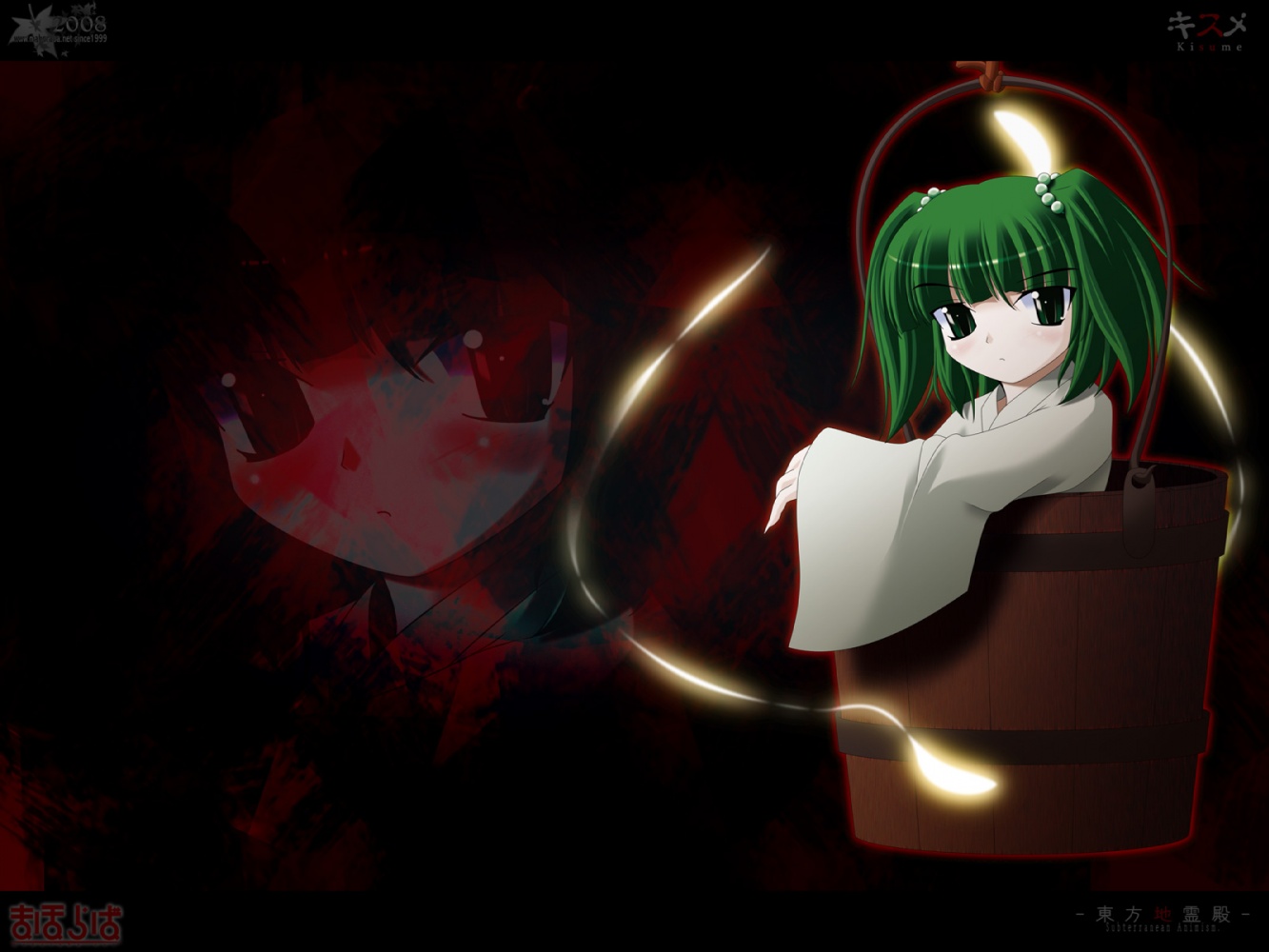 kii (mahoraba), kisume, touhou, 1girl, bucket, dark, female focus, green eyes, green hair, hair bobbles, hair ornament, in bucket, in container, short twintails, twintails