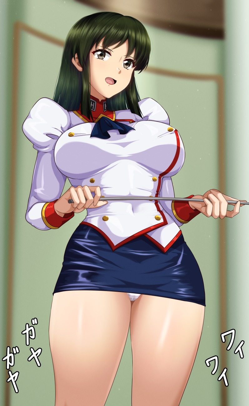 m.i.y, delmo commander, white delmo, agent aika, aika (series), commentary request, highres, 1girl, ascot, black ascot, black skirt, breasts, brown eyes, buttons, covered erect nipples, covered navel, delmogeny uniform, double-breasted, green hair, holding, indoors, jacket, juliet sleeves, long hair, long sleeves, medium breasts, military, military uniform, panties, pantyshot, pencil skirt, puffy sleeves, skirt, standing, underwear, white jacket, white panties