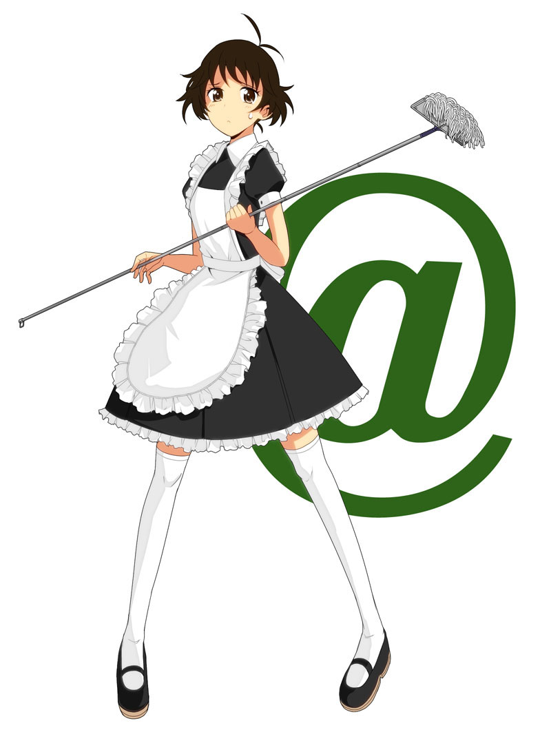 maro nie, maroniest, akizuki ryo, idolmaster, idolmaster dearly stars, 00s, 1boy, antenna hair, apron, blush, brown eyes, brown hair, crossdressing, crossdressing (mtf), maid, maid apron, male focus, male maid, mop, short hair, solo, sweatdrop, thighhighs, trap