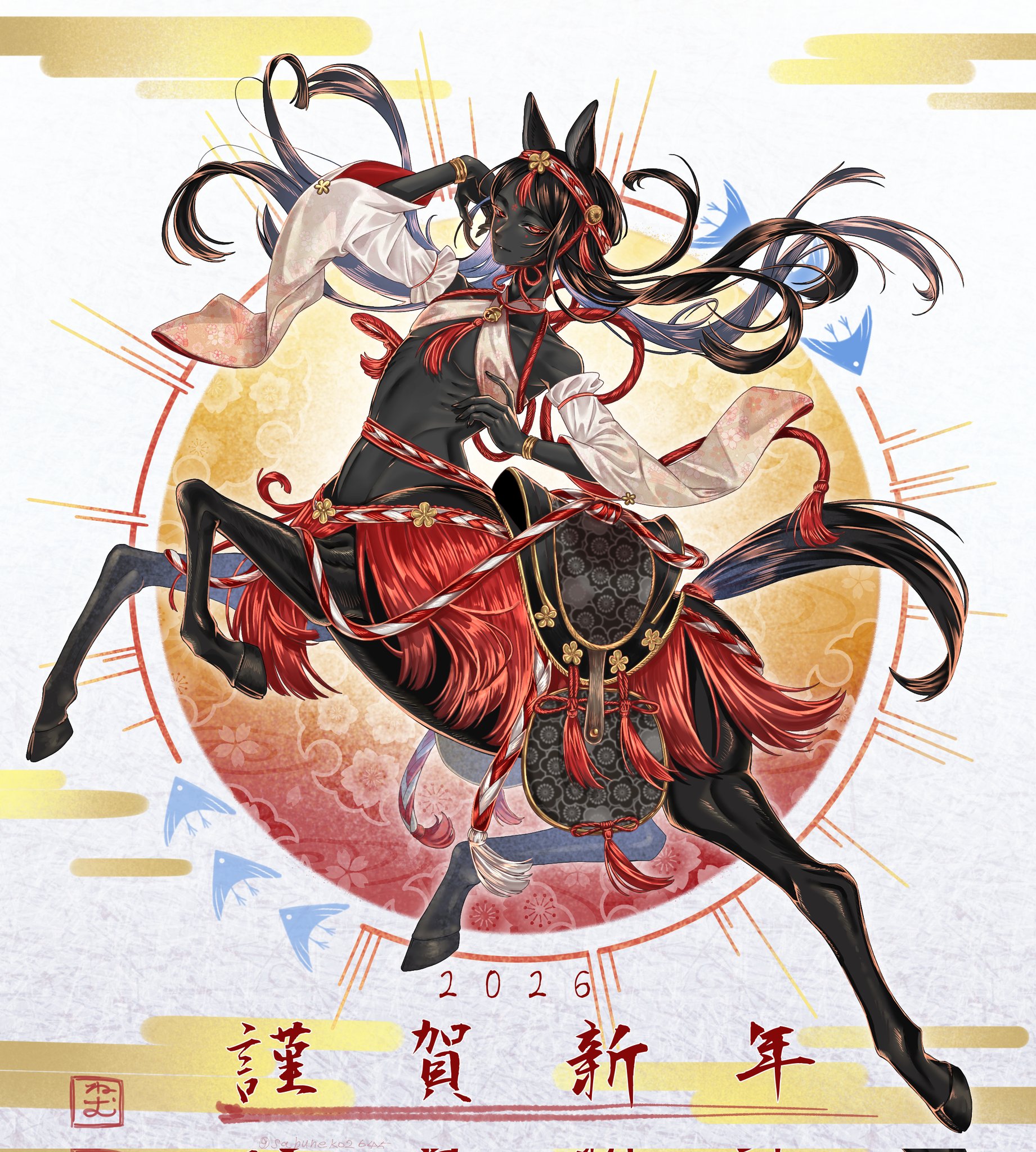 sabuneko2645, original, check gender, commentary request, corrupted twitter file, gender request, highres, translation request, 1girl, 2026, animal ears, arm up, bandeau, bare shoulders, black hair, bracelet, centaur, chinese zodiac, closed mouth, collarbone, dark-skinned female, dark skin, detached sleeves, flat chest, floating, floating hair, groin, hair between eyes, headband, hooves, horse ears, horse tail, jewelry, long hair, monster girl, multiple legs, navel, parted bangs, red eyes, red headband, saddle, sidelocks, signature, solo, stomach, tail, tassel, taur, very dark skin, white bandeau, white sleeves, wide sleeves, year of the horse