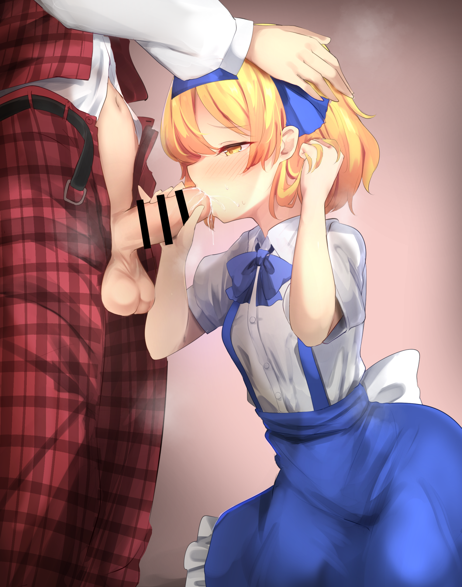 leon0705, alice margatroid, alice margatroid (pc-98), kazami yuuka, kazami yuuka (pc-98), touhou, touhou (pc-98), commentary request, commission, highres, pixiv commission, 2girls, bar censor, belt, blonde hair, blue hairband, blush, bow, censored, cum, cum in mouth, dress, ejaculation, fellatio, futa with female, futanari, hair bow, hair ribbon, hairband, head out of frame, headpat, holding, multiple girls, navel, oral, pants, penis, plaid clothes, plaid pants, plaid vest, ribbon, shirt, short hair, short sleeves, simple background, skirt, suspenders, testicles, unbuttoned, vest, white shirt, yellow eyes