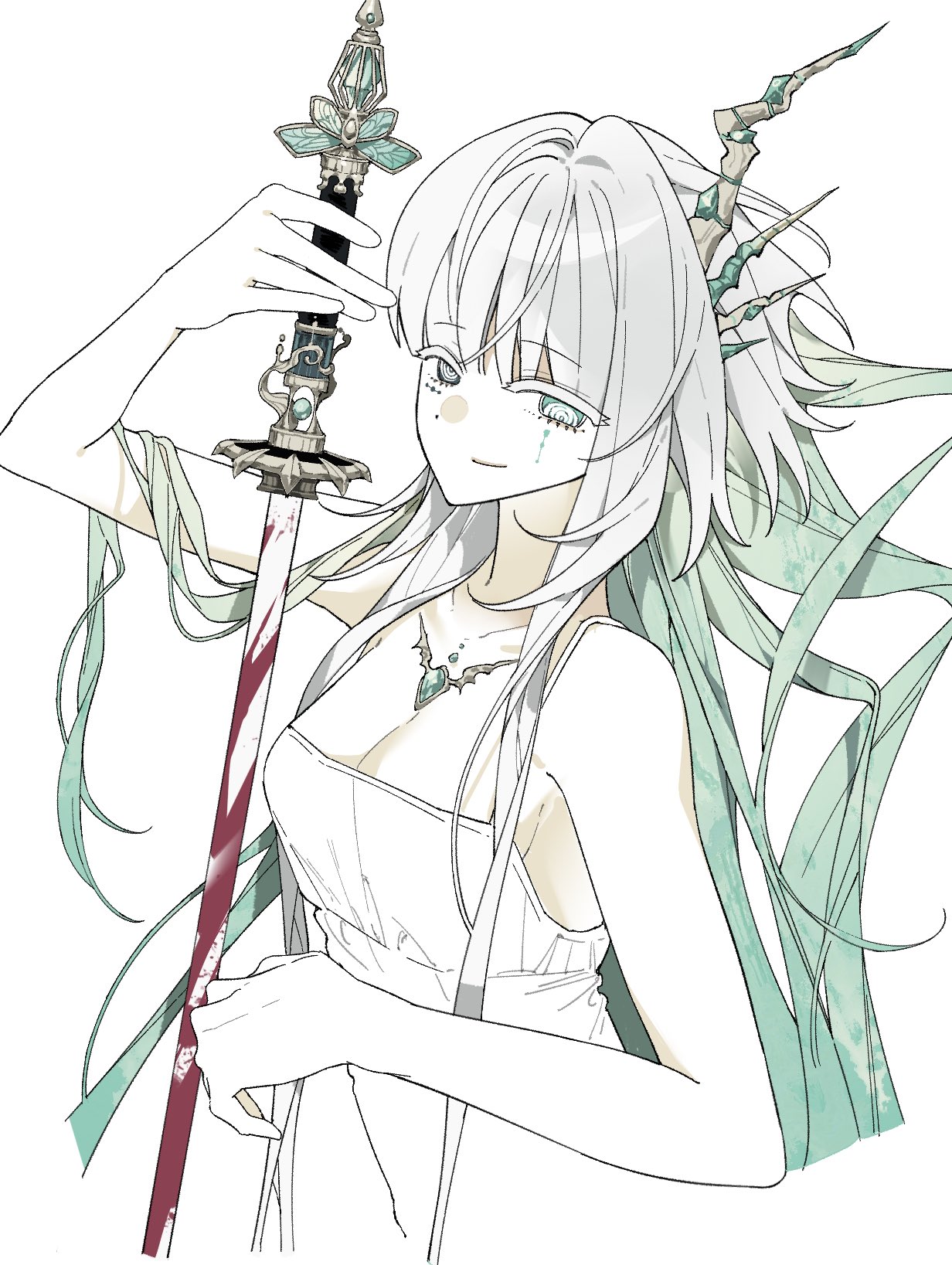 dmdrk (ha ha), original, highres, 1girl, blood, bloody weapon, colored eyelashes, green eyes, green hair, heterochromia, holding, holding sword, holding weapon, horns, long hair, looking at viewer, ringed eyes, simple background, solo, sword, upper body, very long hair, weapon, white background, white hair