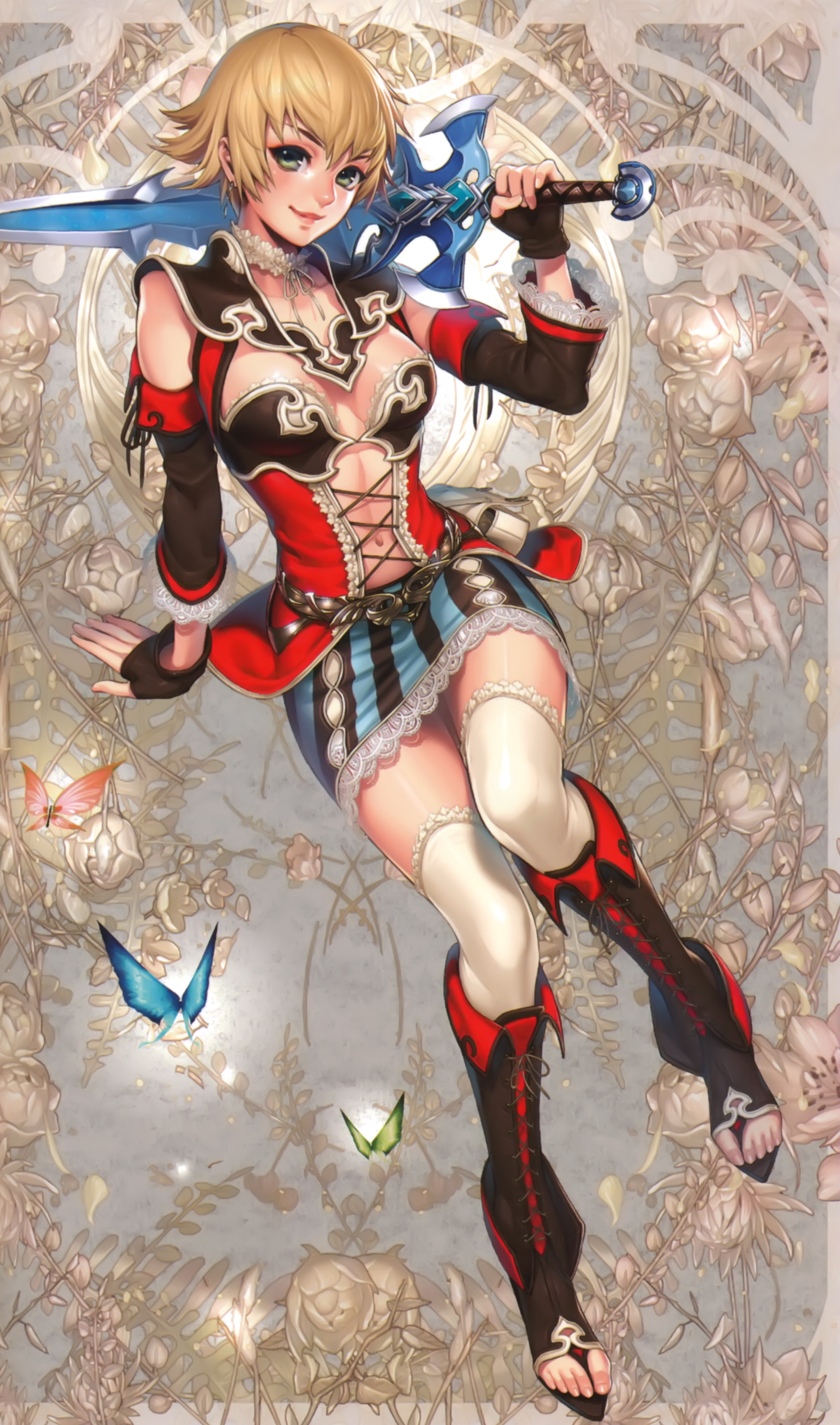 midori foo, original, absurdres, bad id, bad yandere id, highres, 1girl, blonde hair, boots, breasts, bug, butterfly, cleavage, earrings, female focus, flower, green eyes, insect, jewelry, large breasts, miniskirt, navel, short hair, skirt, solo, sword, thighhighs, weapon