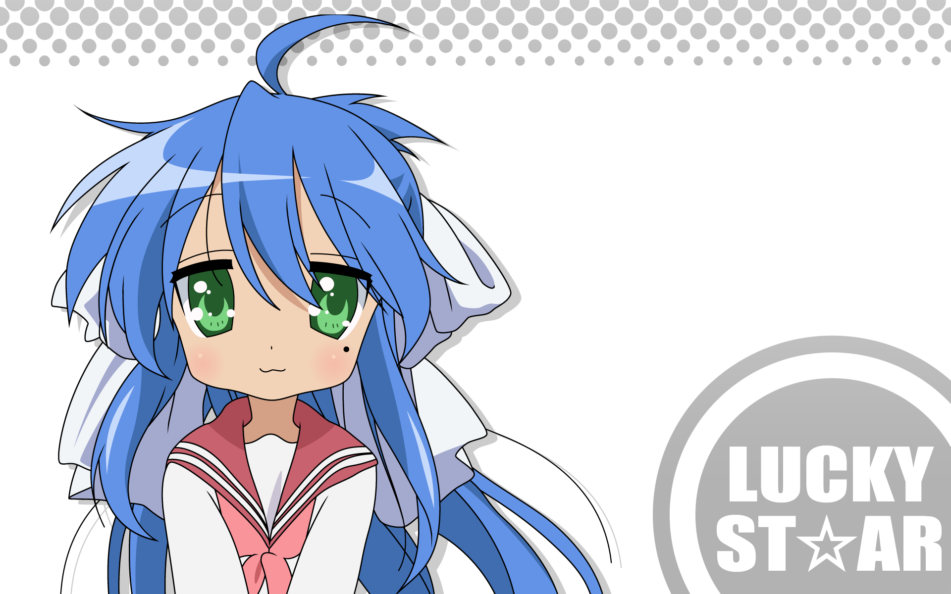 izumi konata, lucky star, derivative work, highres, vector trace, 00s, 1girl, ahoge, female focus, mole, mole under eye, ribbon, school uniform, serafuku, solo