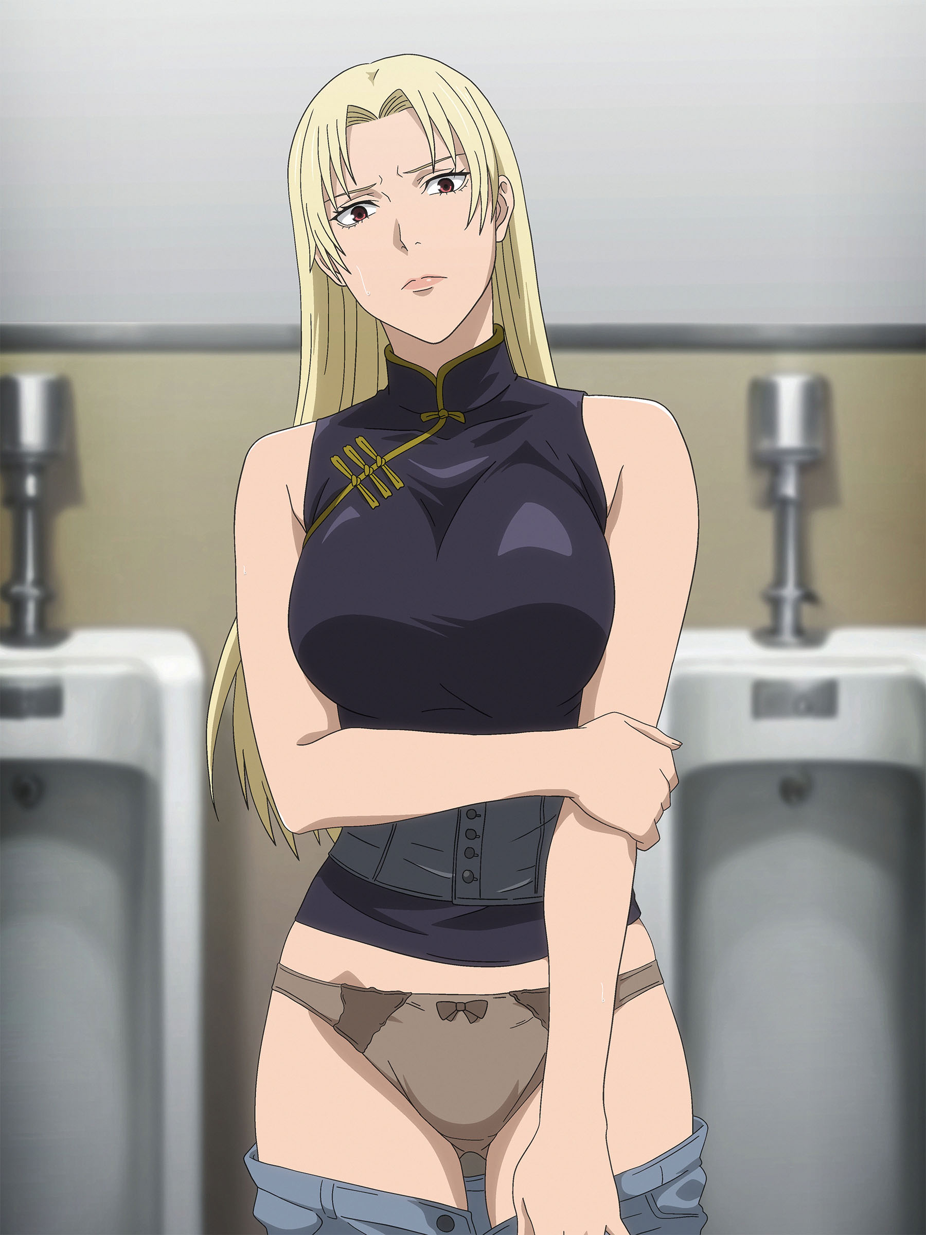 salmon knight, tsukumo yuki (jujutsu kaisen), jujutsu kaisen, absurdres, commentary request, commission, highres, pixiv commission, 1girl, black shirt, blonde hair, breasts, brown panties, chinese clothes, clothes pull, denim, jeans, large breasts, long hair, looking at viewer, panties, pants, pants pull, shirt, sleeveless, sleeveless shirt, solo, standing, thighs, underwear, urinal