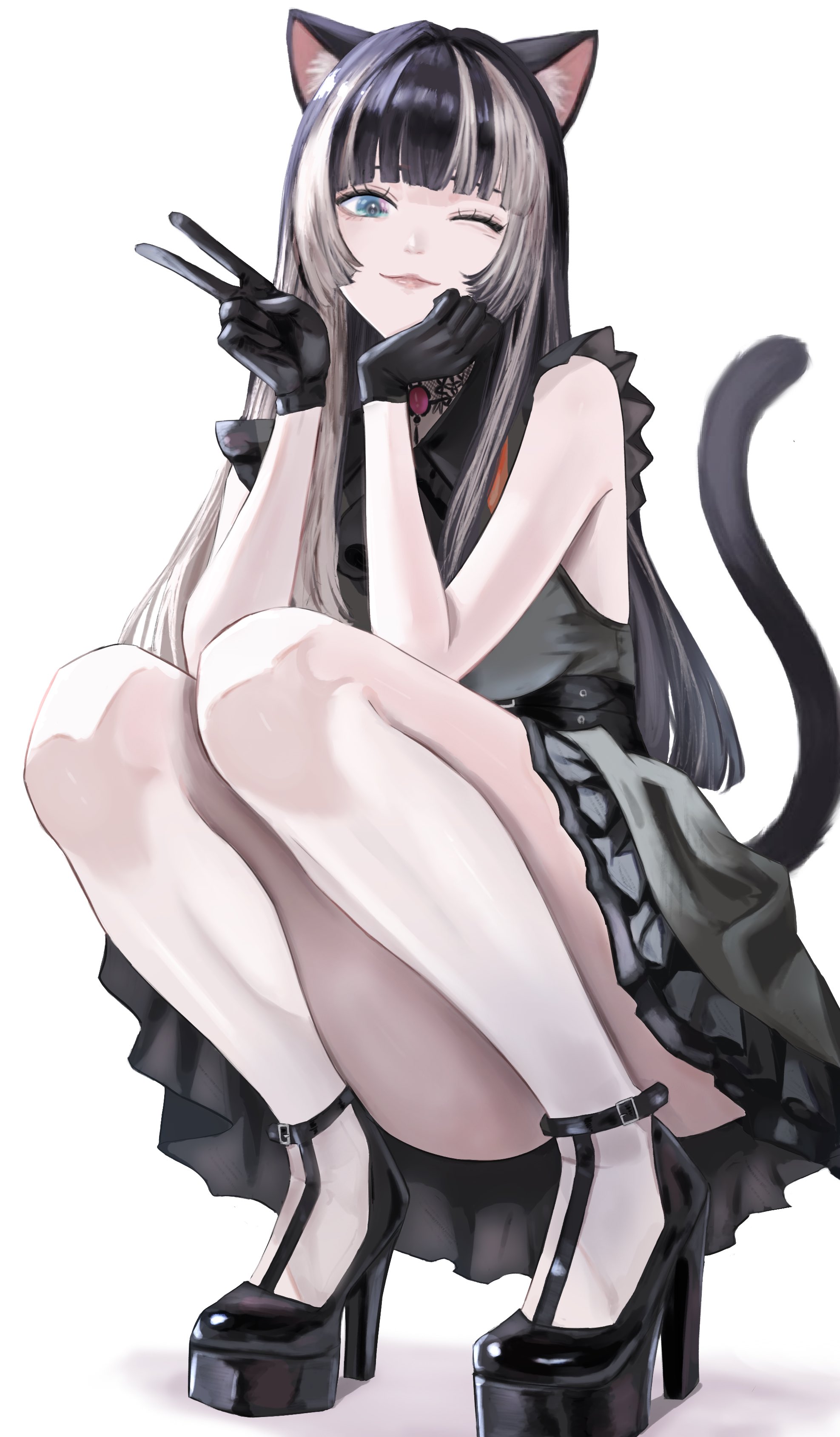 dhbwinner, juufuutei raden, hololive, hololive dev is, absurdres, commentary request, highres, 1girl, animal ears, belt, black belt, black gloves, black hair, blue eyes, blunt bangs, cat ears, cat tail, dress, frilled dress, frills, gloves, grey dress, grey hair, hair intakes, kemonomimi mode, long hair, looking at viewer, multicolored hair, one eye closed, pantyhose, platform heels, sidelocks, simple background, sleeveless, sleeveless dress, smile, solo, squatting, streaked hair, tail, v, virtual youtuber, white background, white pantyhose