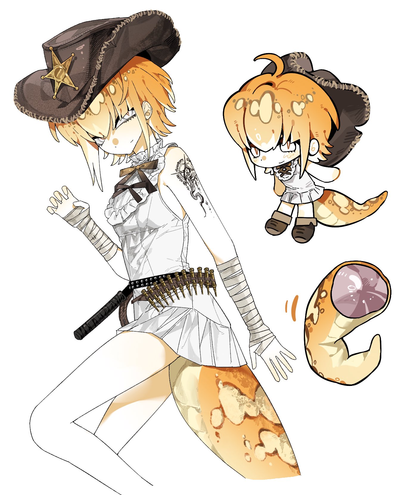 dmdrk (ha ha), original, highres, 1girl, ammunition belt, arm wrap, cowboy hat, dress, hat, lizard tail, looking at viewer, orange hair, reptile girl, short hair, simple background, slit pupils, tail, white background, white dress, white eyes