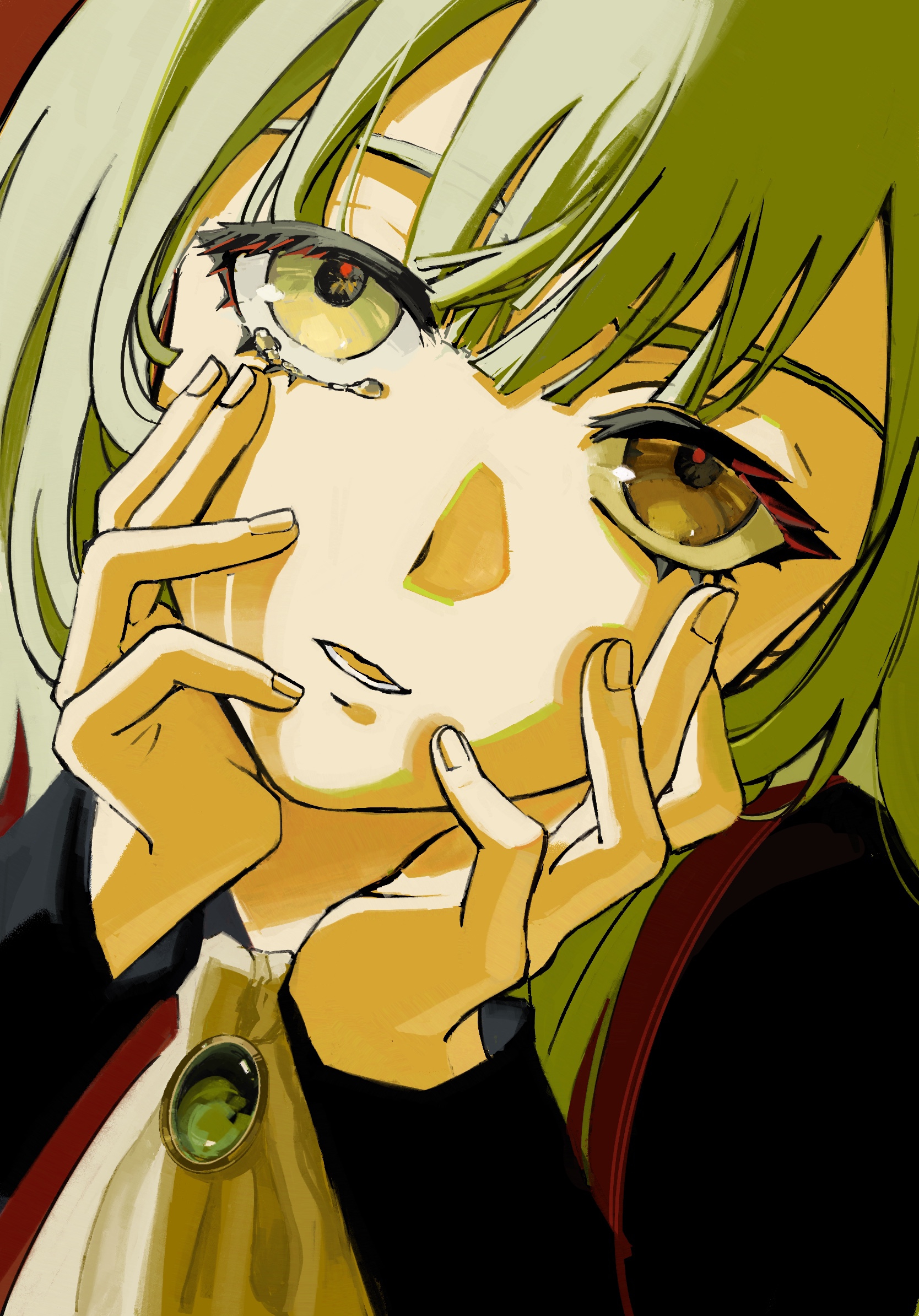 mortis (bang dream!), mortis (costume) (bang dream!), wakaba mutsumi, bang dream!, bang dream! it's mygo!!!!!, chinese commentary, commentary request, highres, 1girl, ascot, brooch, green hair, hands on own cheeks, hands on own face, hands up, jewelry, long hair, long sleeves, looking at viewer, muhe (fusheng088), portrait, solo, tearing up, white ascot, yellow eyes