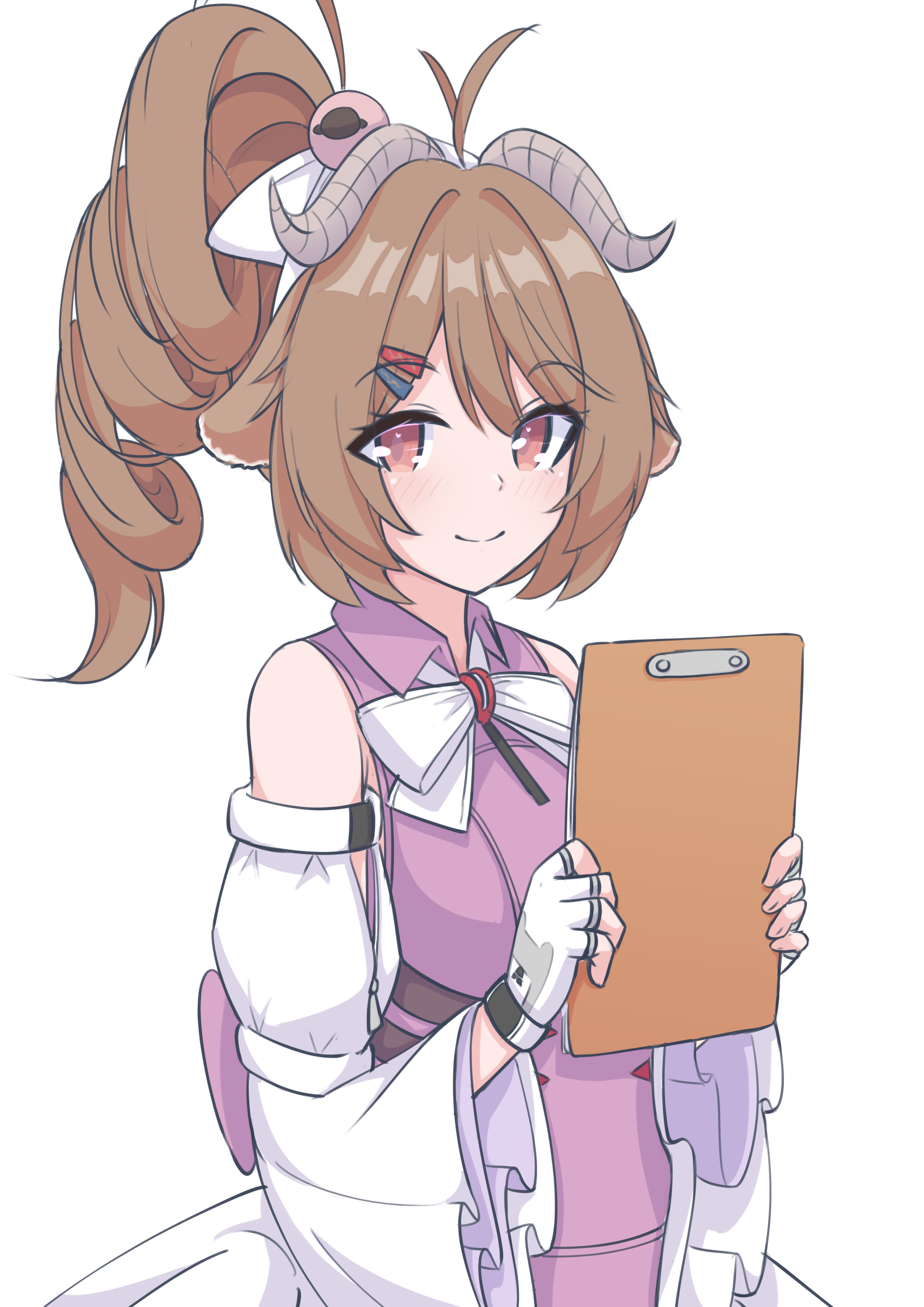 risu (risu028), eyjafjalla (arknights), arknights, arknights: endfield, absurdres, commentary, highres, 1girl, animal ears, ardelia (arknights), bare shoulders, bow, bowtie, brown hair, clipboard, closed mouth, curled horns, detached sleeves, fingerless gloves, gloves, grey horns, hair ornament, hairclip, holding, holding clipboard, horns, light blush, long sleeves, looking at viewer, medium hair, pink eyes, sheep ears, sheep girl, sheep horns, simple background, sleeveless, smile, solo, white background, white bow, white bowtie, white gloves, white sleeves, wide sleeves