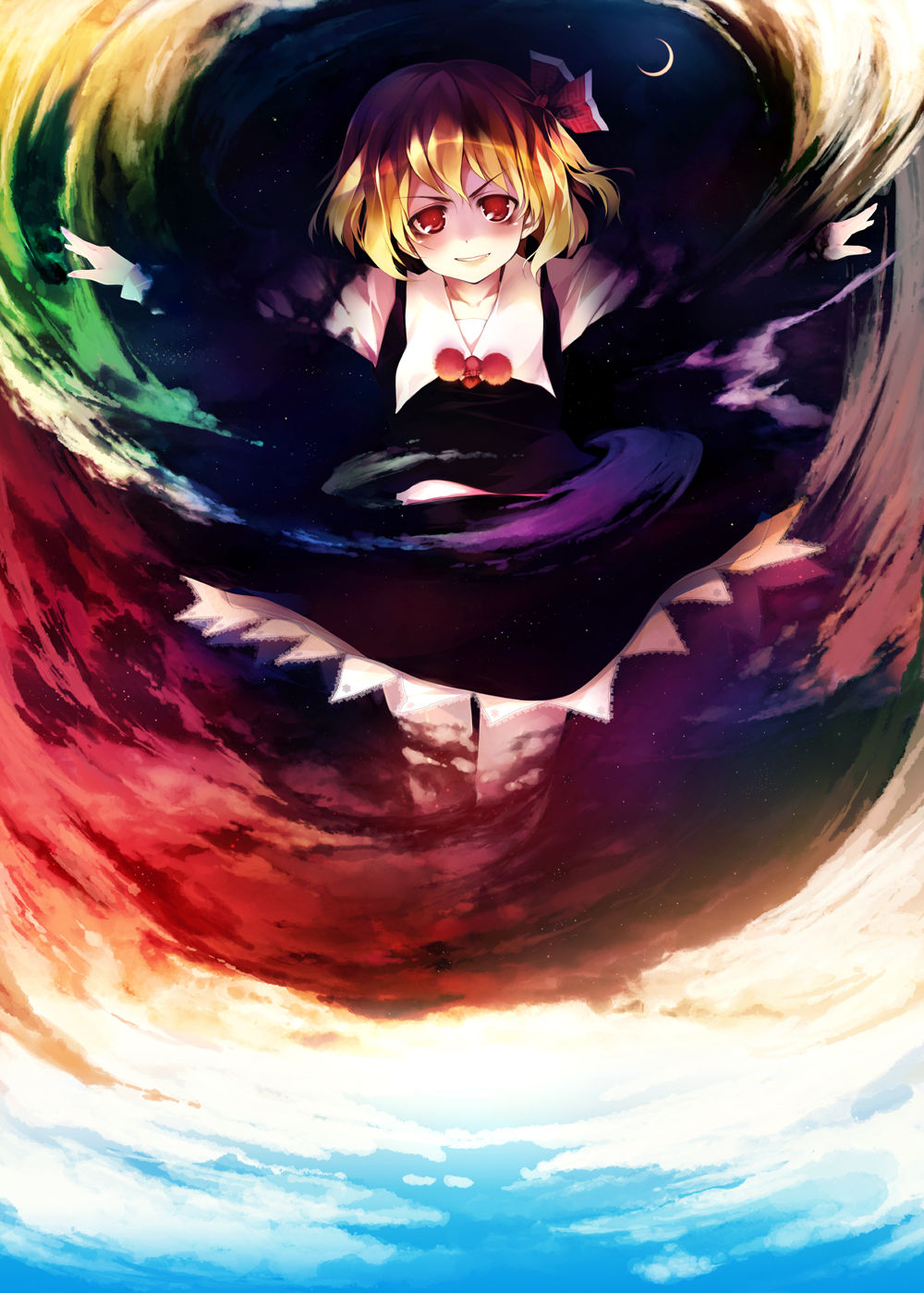 chinchickrin, rumia, embodiment of scarlet devil, touhou, highres, 1girl, blonde hair, colorful, crescent moon, darkness, female focus, frills, moon, outdoors, outstretched arms, red eyes, short hair, sky, smirk, solo, spread arms