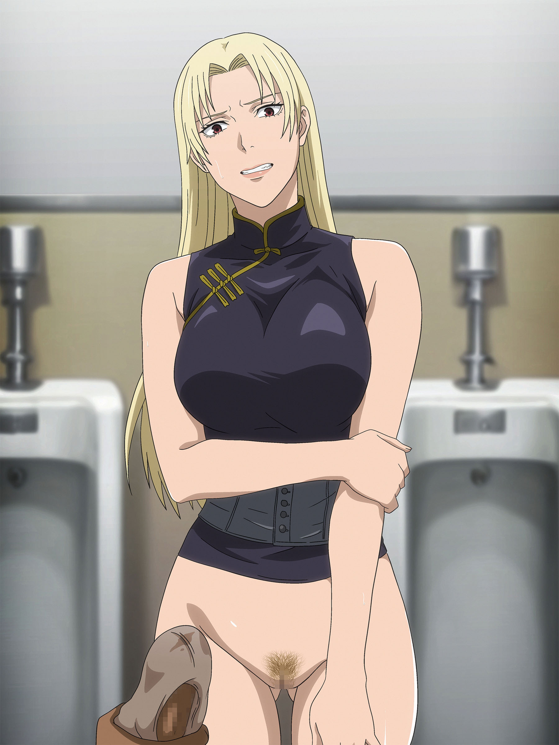salmon knight, tsukumo yuki (jujutsu kaisen), jujutsu kaisen, absurdres, commentary request, commission, highres, pixiv commission, 1boy, 1girl, black shirt, blonde hair, bottomless, breasts, brown panties, censored, chinese clothes, female pubic hair, gluteal fold, large breasts, long hair, looking at viewer, male masturbation, masturbation, mosaic censoring, panties, panties on penis, penis, pov, pubic hair, pussy, shirt, sleeveless, sleeveless shirt, standing, thigh gap, thighs, underwear