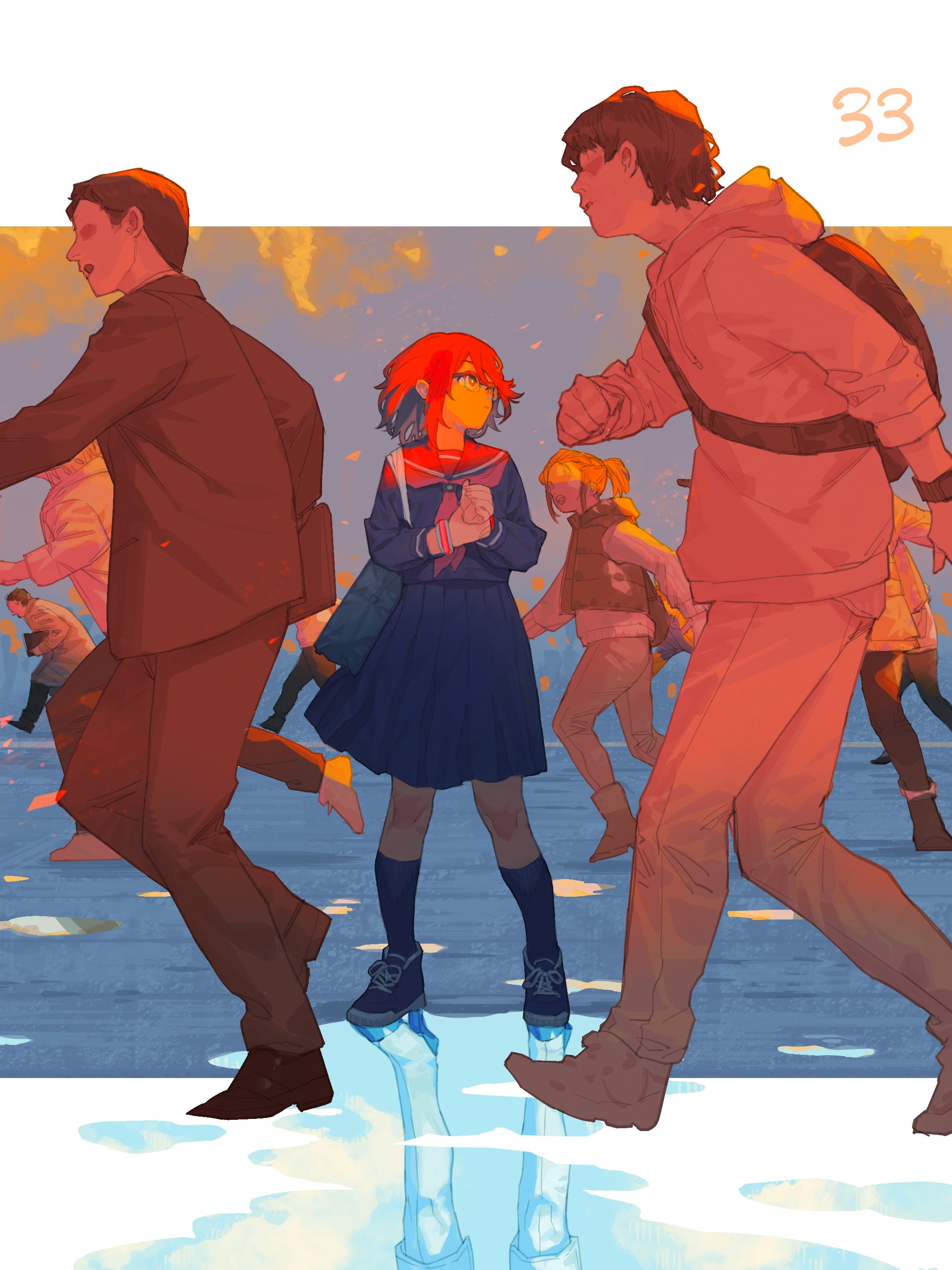 bukimi isan, momijiyama teru, shy (character), shy (series), absurdres, commentary request, highres, 2girls, 4boys, backpack, bag, black sailor collar, black shirt, black shoes, black skirt, black socks, brown jacket, brown pants, brown suit, brown vest, formal clothes, full body, glasses, jacket, kneehighs, long sleeves, looking to the side, multiple boys, multiple girls, own hands together, pants, pleated skirt, red sailor collar, reflection, sailor collar, school bag, school uniform, shirt, shoes, short hair, shoulder bag, skirt, socks, standing, suit, vest