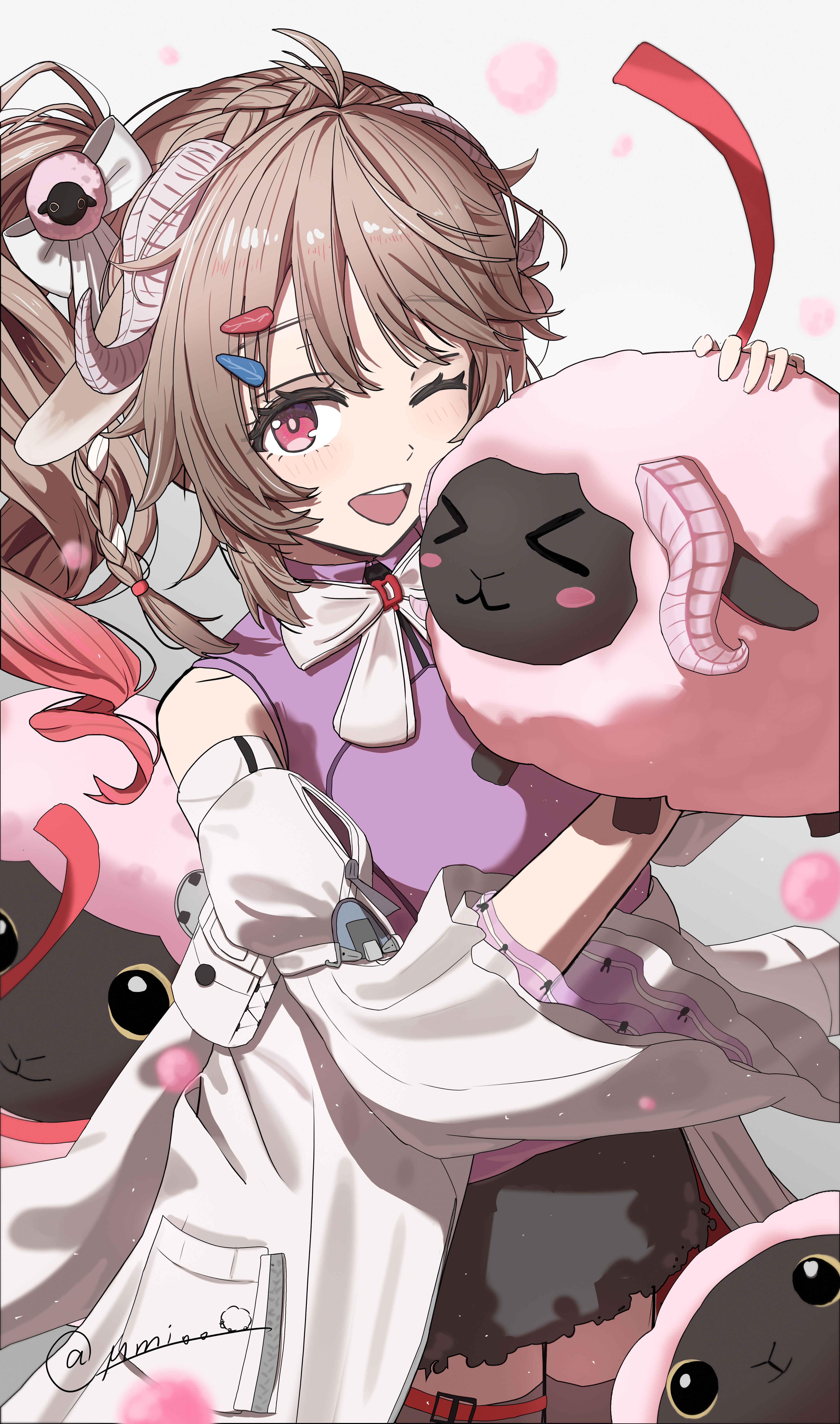 umi (user dfrv5378), eyjafjalla (arknights), arknights, arknights: endfield, absurdres, chinese commentary, commentary request, highres, 1girl, ;d, animal ears, ardelia (arknights), bare shoulders, braid, bright pupils, brown hair, creature, curled horns, grey horns, hair ornament, hairclip, horns, light blush, looking at viewer, medium hair, multicolored hair, one eye closed, open mouth, pink eyes, purple shirt, sheep ears, sheep girl, sheep horns, shirt, sleeveless, sleeveless shirt, smile, solo, standing, streaked hair, white pupils, wide sleeves