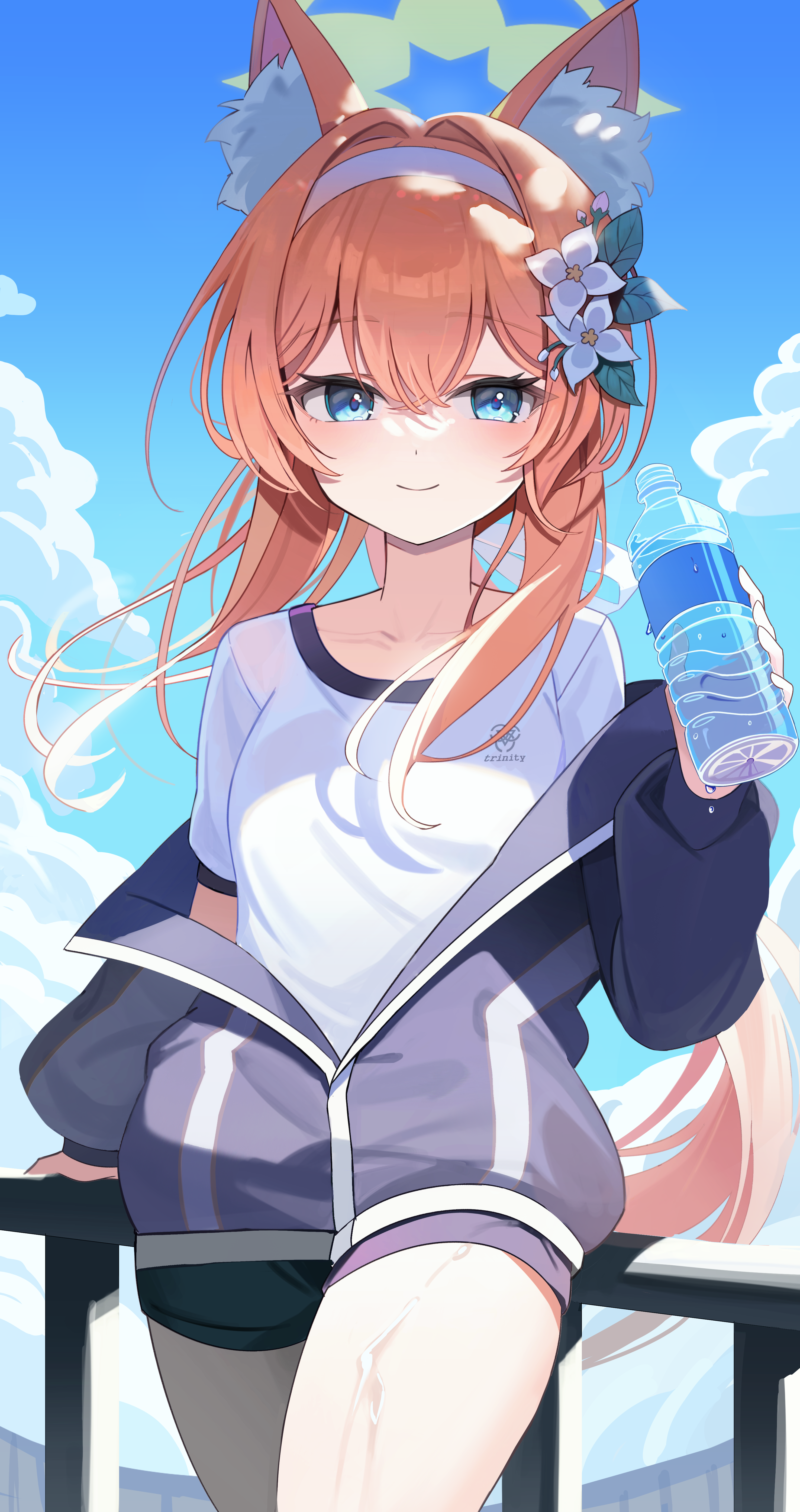 kinsuke z, mari (blue archive), mari (track) (blue archive), blue archive, absurdres, commentary, highres, symbol-only commentary, 1girl, against railing, animal ear fluff, animal ears, black shorts, blue eyes, blue sky, bottle, closed mouth, cloud, cowboy shot, day, double-parted bangs, flower, green halo, grey jacket, gym shirt, gym uniform, hair flower, hair intakes, hair ornament, hairband, halo, holding, holding bottle, jacket, jacket partially removed, long hair, long sleeves, looking at viewer, orange hair, outdoors, railing, shirt, short shorts, short sleeves, shorts, sky, smile, solo, standing, sweat, trinity general school logo, water bottle, white background, white hairband, white shirt