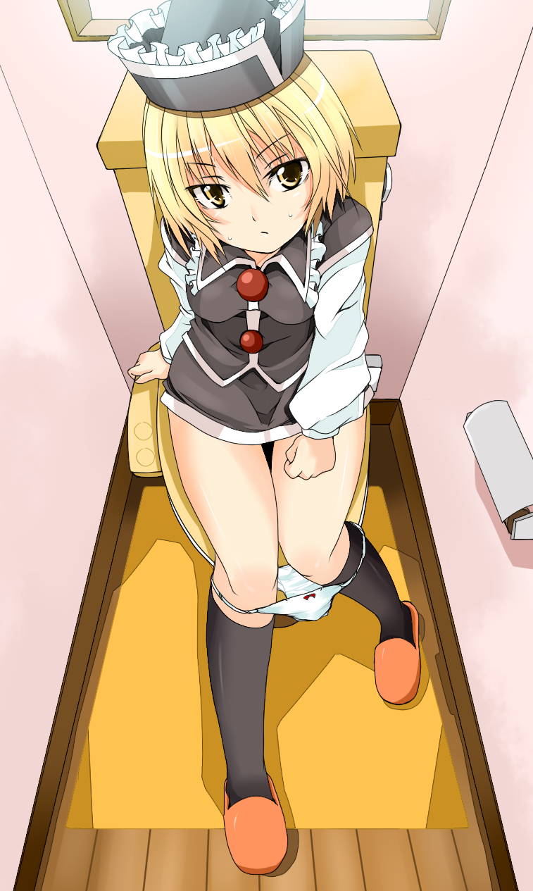 kotomuke fuurin, lunasa prismriver, touhou, highres, 1girl, blonde hair, female focus, from above, hat, indoors, looking at viewer, panties, panty pull, sitting, solo, thighs, toilet, toilet use, underwear
