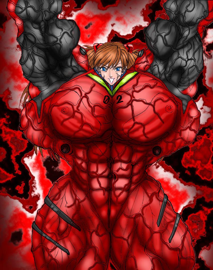 souryuu asuka langley, neon genesis evangelion, plugsuit, abs, blue eyes, bodysuit, brown hair, extreme muscles, muscular, veins
