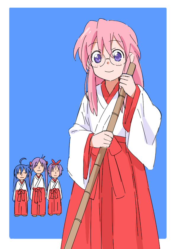 banzai nekomimi, hiiragi kagami, hiiragi tsukasa, izumi konata, takara miyuki, lucky star, bad id, bad pixiv id, 00s, 4girls, broom, glasses, japanese clothes, long hair, miko, multiple girls, pink hair, purple eyes, siblings, sisters, standing, twins