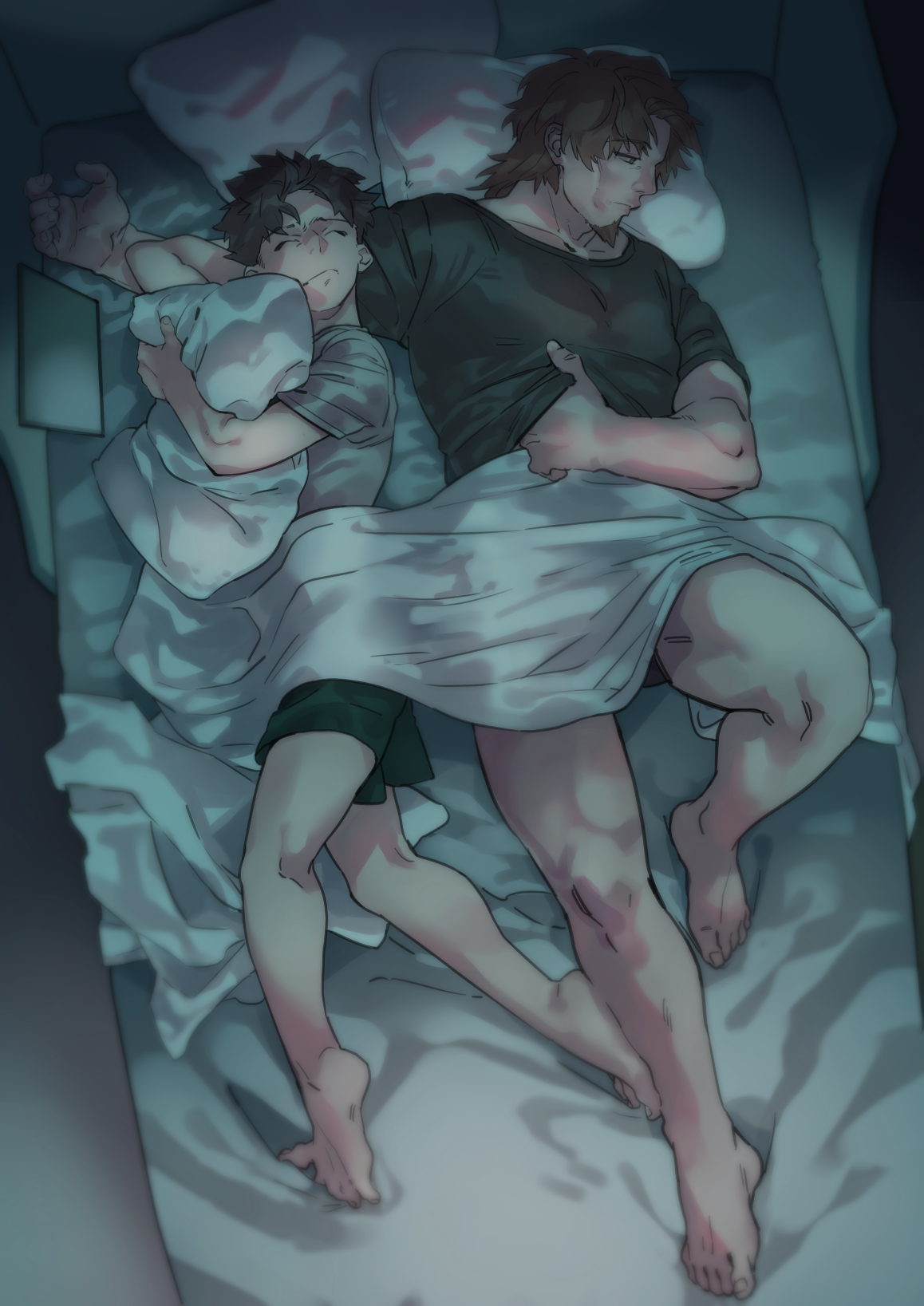 imoda, fujimaru ritsuka (male), hector (fate), fate/grand order, fate (series), commentary request, highres, 2boys, adam's apple, barefoot, bed sheet, black hair, black shirt, brown hair, cheekbones, closed eyes, closed mouth, facial hair, from above, goatee, grey shirt, hugging object, lying, male focus, mature male, multiple boys, on back, on side, pillow, pillow hug, shirt, sleeping, toenails, under covers, yaoi