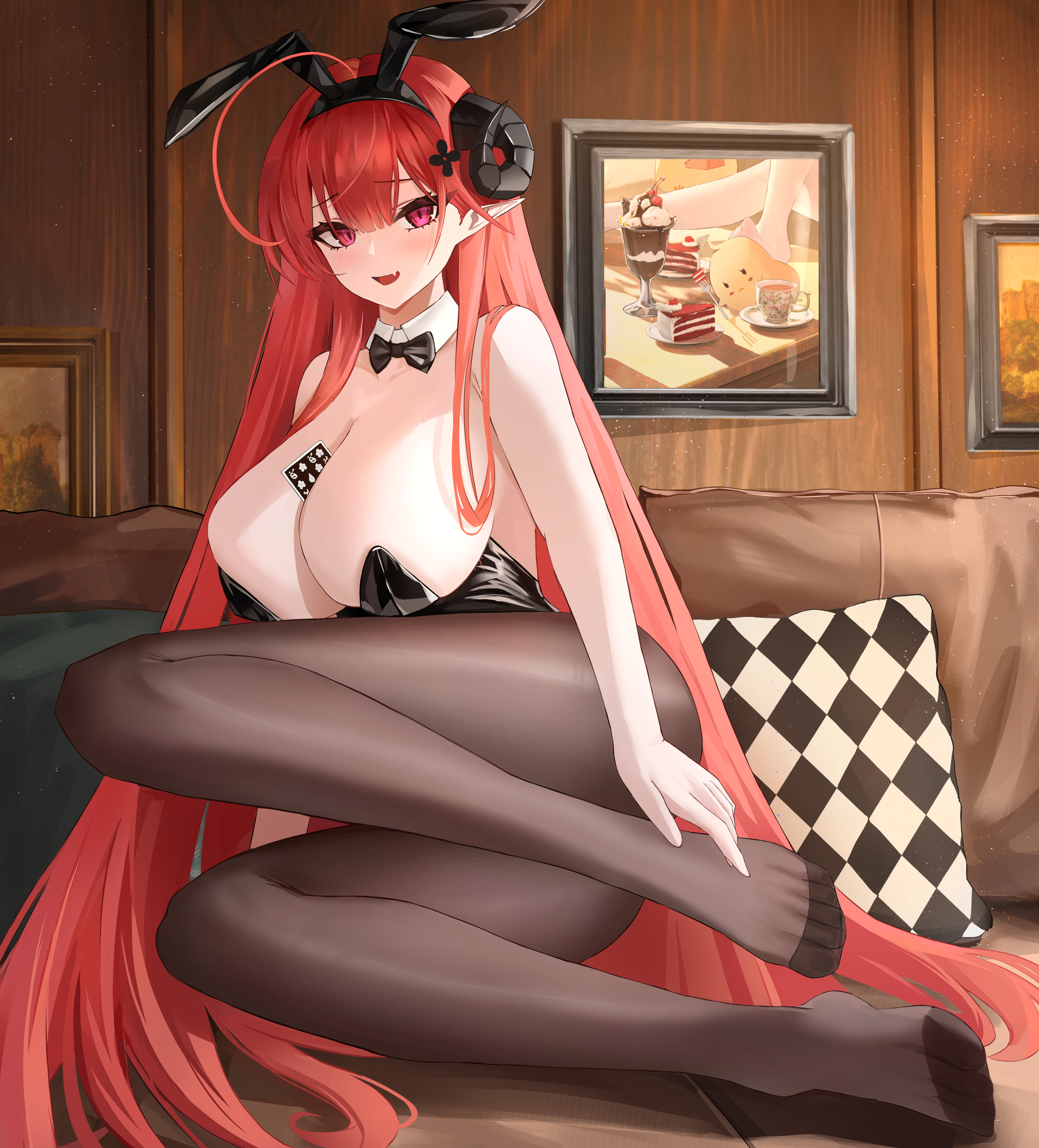 hai binggan, hindenburg (azur lane), hindenburg (delirious duel) (azur lane), azur lane, absurdres, commentary request, highres, 1girl, :d, animal ears, bare arms, bare shoulders, between breasts, black bow, black bowtie, black hairband, black leotard, blush, bow, bowtie, breasts, couch, curled horns, detached collar, fake animal ears, full body, hair ornament, hairband, horns, huge breasts, indoors, large breasts, leotard, long hair, looking at viewer, official alternate costume, open mouth, pillow, playboy bunny, pointy ears, rabbit ears, red eyes, red hair, sitting, smile, solo, thighs, very long hair