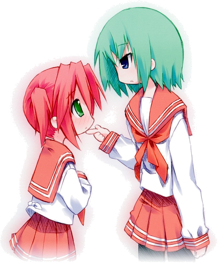 kuroba u, iwasaki minami, kobayakawa yutaka, lucky star, non-web source, 00s, 2girls, blue eyes, blush, eye contact, green eyes, green hair, looking at another, multiple girls, pantyhose, pink hair, pleated skirt, school uniform, serafuku, short hair, skirt, yuri