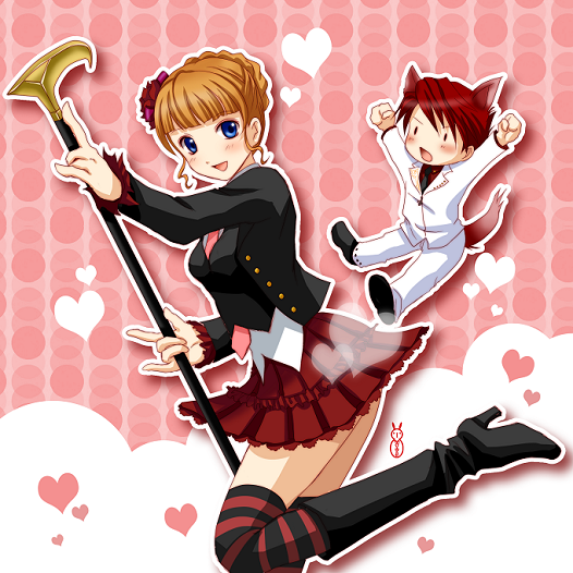 machinosuke, beatrice (umineko), ushiromiya battler, umineko no naku koro ni, bad id, bad pixiv id, 00s, 1boy, 1girl, animal ears, chibi, heart, necktie, pink necktie, tail, thighhighs