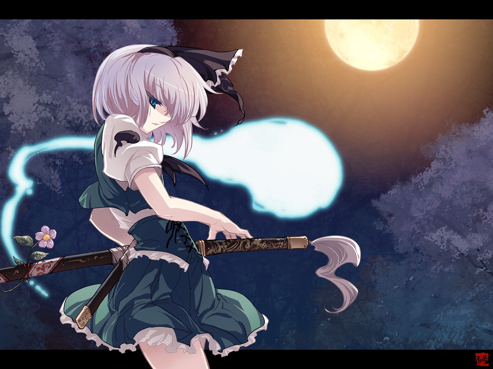 tokiame, konpaku youmu, konpaku youmu (ghost), touhou, silver hair, highres, 1girl, blue eyes, corset, female focus, flower, full moon, ghost, hairband, hitodama, katana, letterboxed, moon, night, short hair, solo, sword, weapon