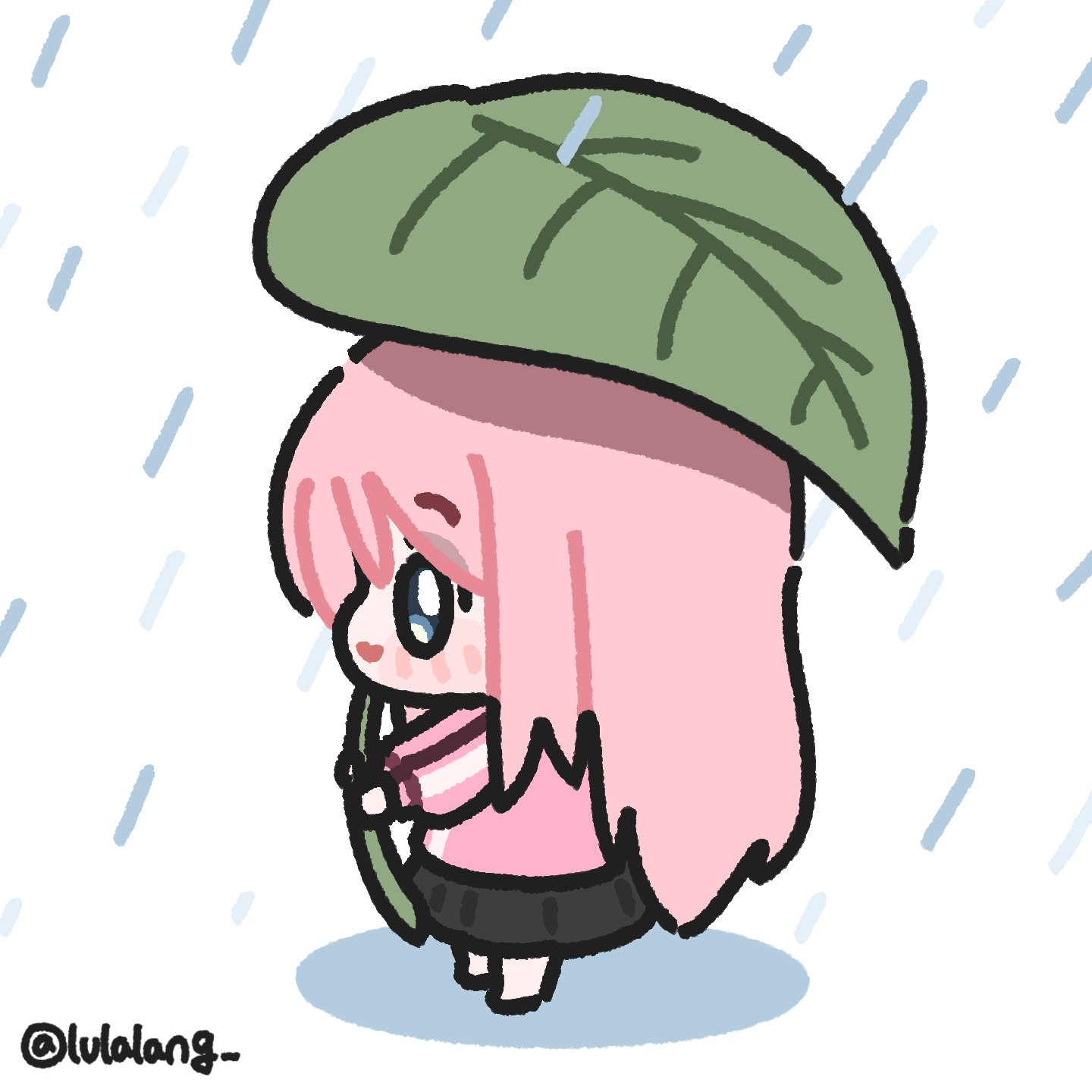 lulalang, gotoh hitori, bocchi the rock!, commentary, highres, symbol-only commentary, 1girl, black skirt, blue eyes, chibi, chibi only, closed mouth, from side, full body, holding, holding leaf, jacket, leaf, leaf umbrella, long hair, looking ahead, oversized object, pink hair, pink jacket, profile, rain, simple background, skirt, smile, solo, standing, twitter username, white background